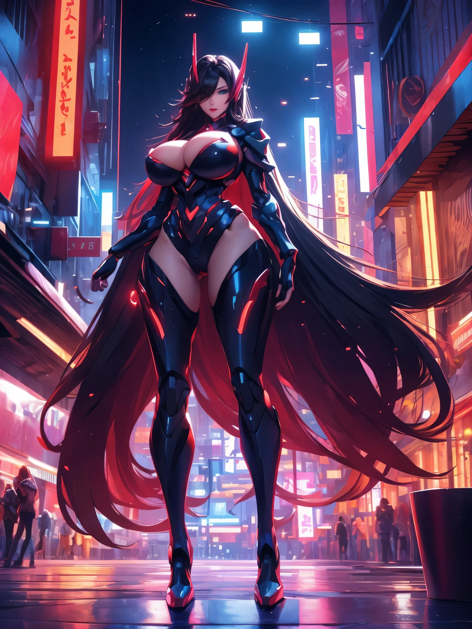 26 year old woman, beautiful face, fair skin, very long flowing black hair, blue eyes, red lips,button nose,perfect body, curvaceous body, huge breasts, slim waist, wide hips,mecha armor,modern city,night,city lights,wonderful,impressive scenery,exciting,ultra-modern,technology-driven,sleek design,dynamic,futuristic,fast-paced,majestic skyscrapers,glowing neon lights,vibrant colors,shimmering reflections,illuminated streets,glamorous,female elegance,chic attire,captivating smile,perfectly styled hair,determined gaze,high-quality,masterpiece:1.2,ultra-detailed,realistic:1.37, HDR,UHD,studio lighting,professional,vivid colors" on balcony of a tall hotel