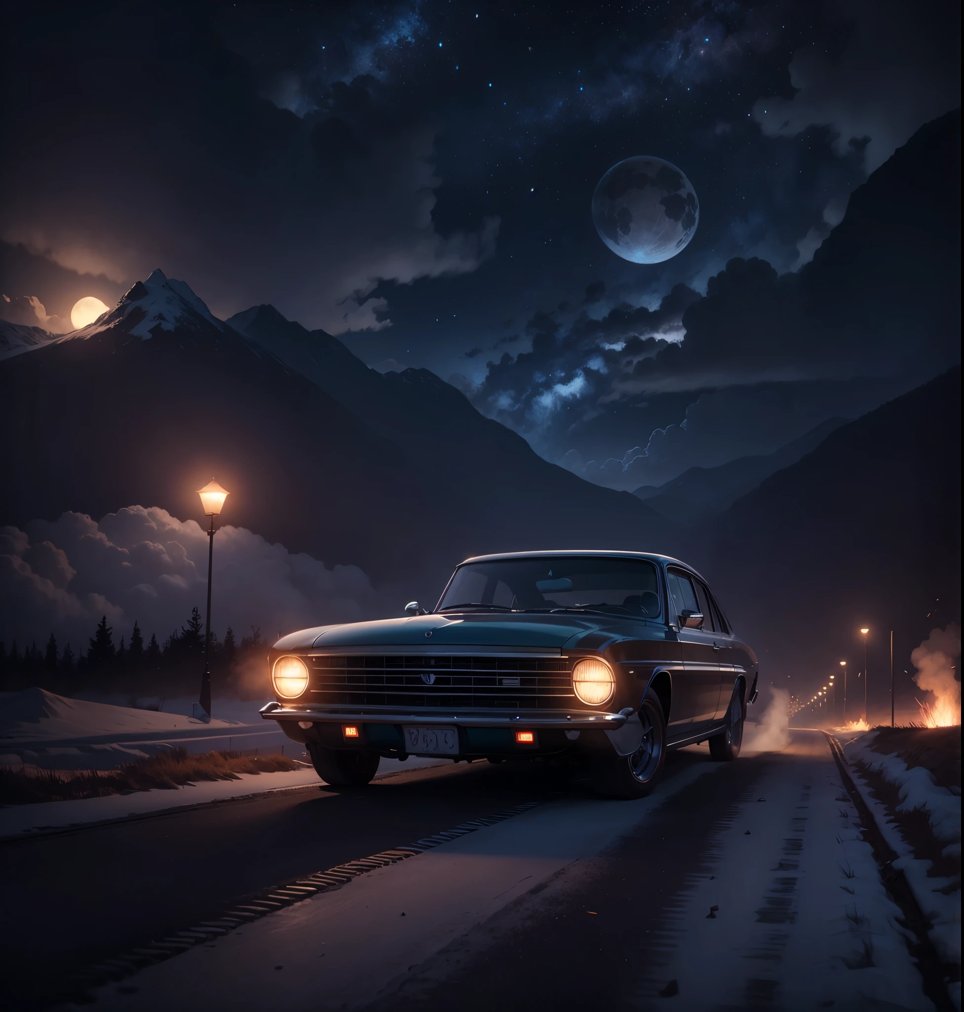 estilo anime, homem Morcego carro vintage, clima frio, cores frias, blue night sky, cinematic shading, Anime CG