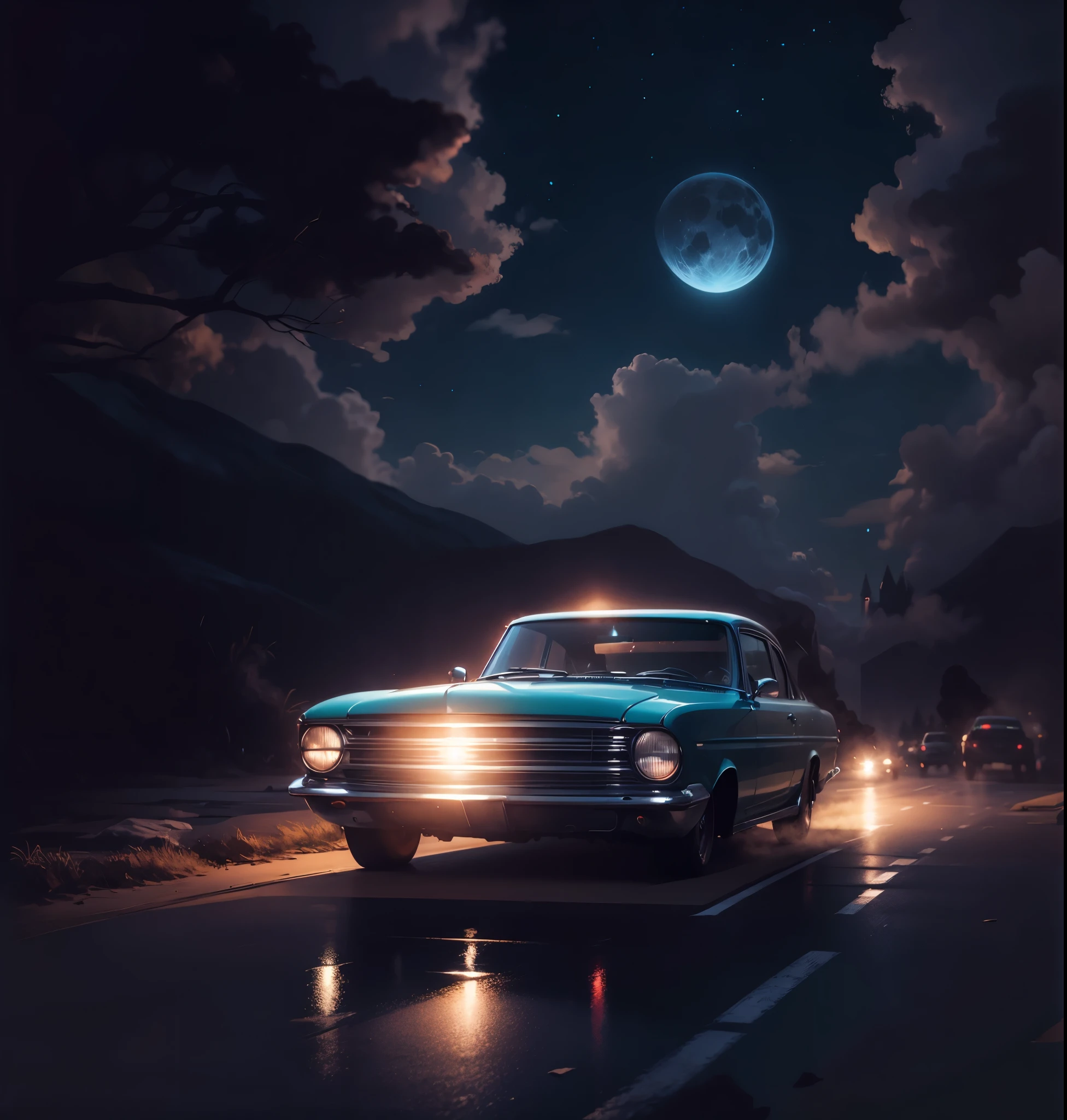 estilo anime, homem Morcego carro vintage, clima frio, cores frias, blue night sky, cinematic shading, Anime CG