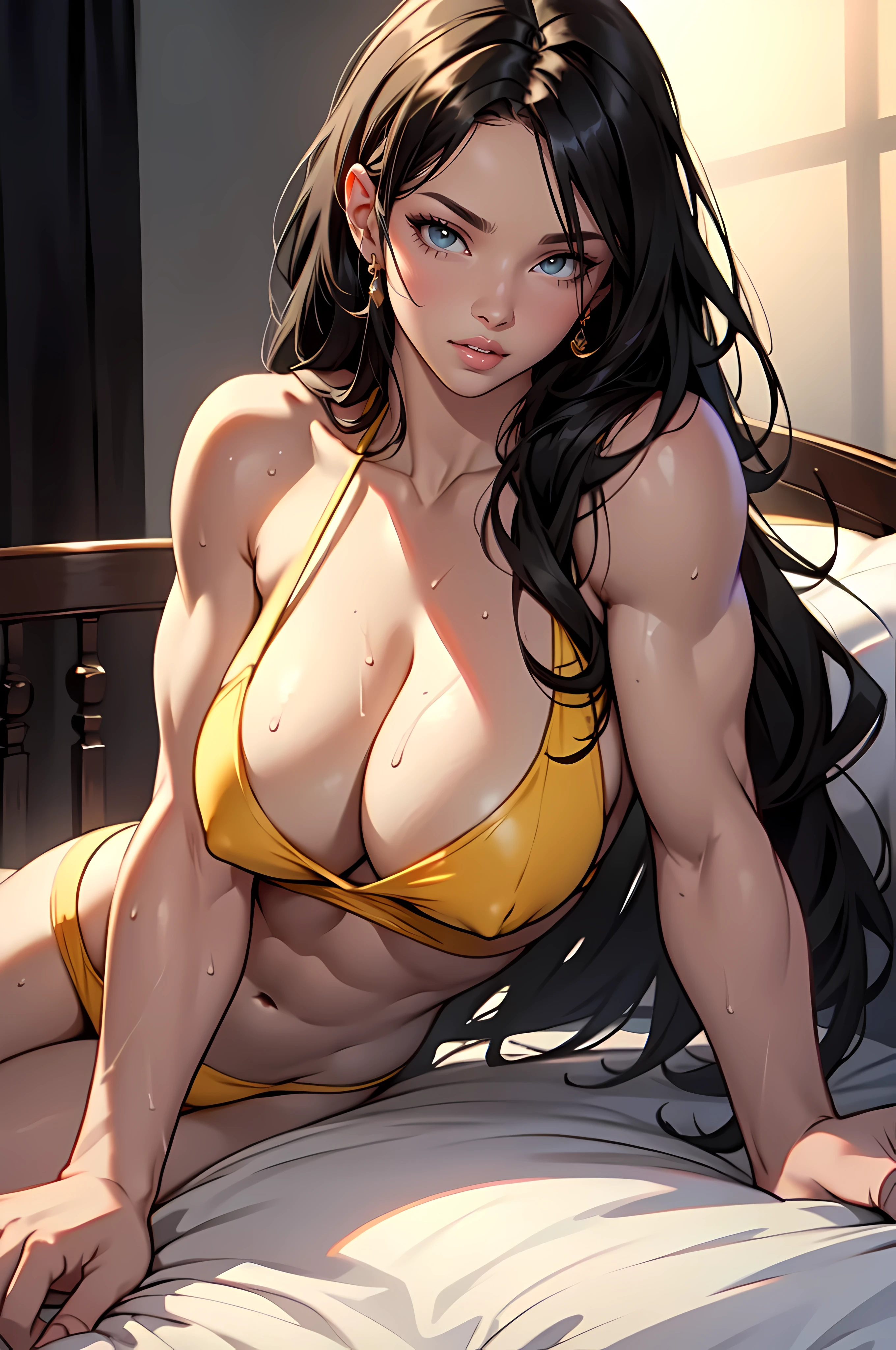 1girl huge breasts black hair yellow eyes solo sweaty very long hair pale skin laying in bed blushing dark atmosphere seductive expression bodybuilder