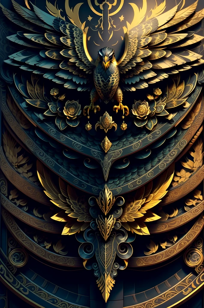 falcon, extremely detailed and intrincate design, coat of arms. Colorful line art, fractal like, tattoo like design on the falcon. Golden and many colours. Some gold wodden lotus around. Black background.