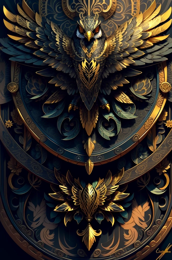 (best quality painting), (good quality), intricate details. Ornate detail from ornaments made of black feathers, shiny brass and refractive glass. Side lighting, sunny, light and shadows