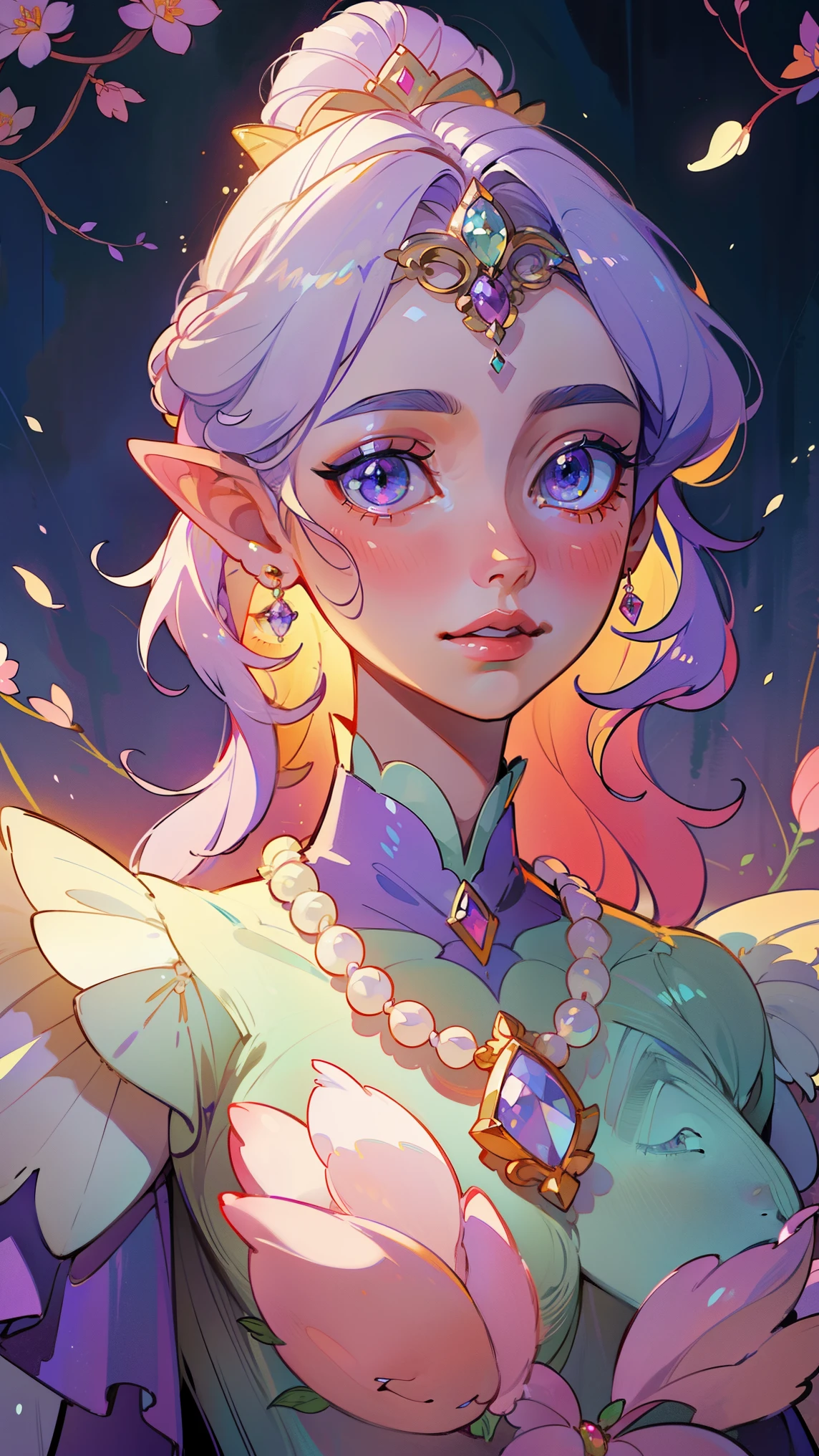 high-quality,ultra-detailed,beautiful detailed eyes,beautiful detailed lips,extremely detailed eyes and face,longeyelashes,medium:oil painting,portrait,colorful,soft lighting,princess,February theme,purple dress,tiara,graceful,ethereal,royal,blossoming flowers,fantasy,regal,enchanted garden,hairstyle with flowers,romantic atmosphere,lunar-inspired background,vivid colors,floral patterns,luxurious jewelry,dreamlike,gentle smile,celestial,pearl necklace,sparkling,delicate features,majestic,elven-like,serene expression,glowing,February birthstone,pastel colors,soft shadows,tranquil,graceful pose,fairy tale