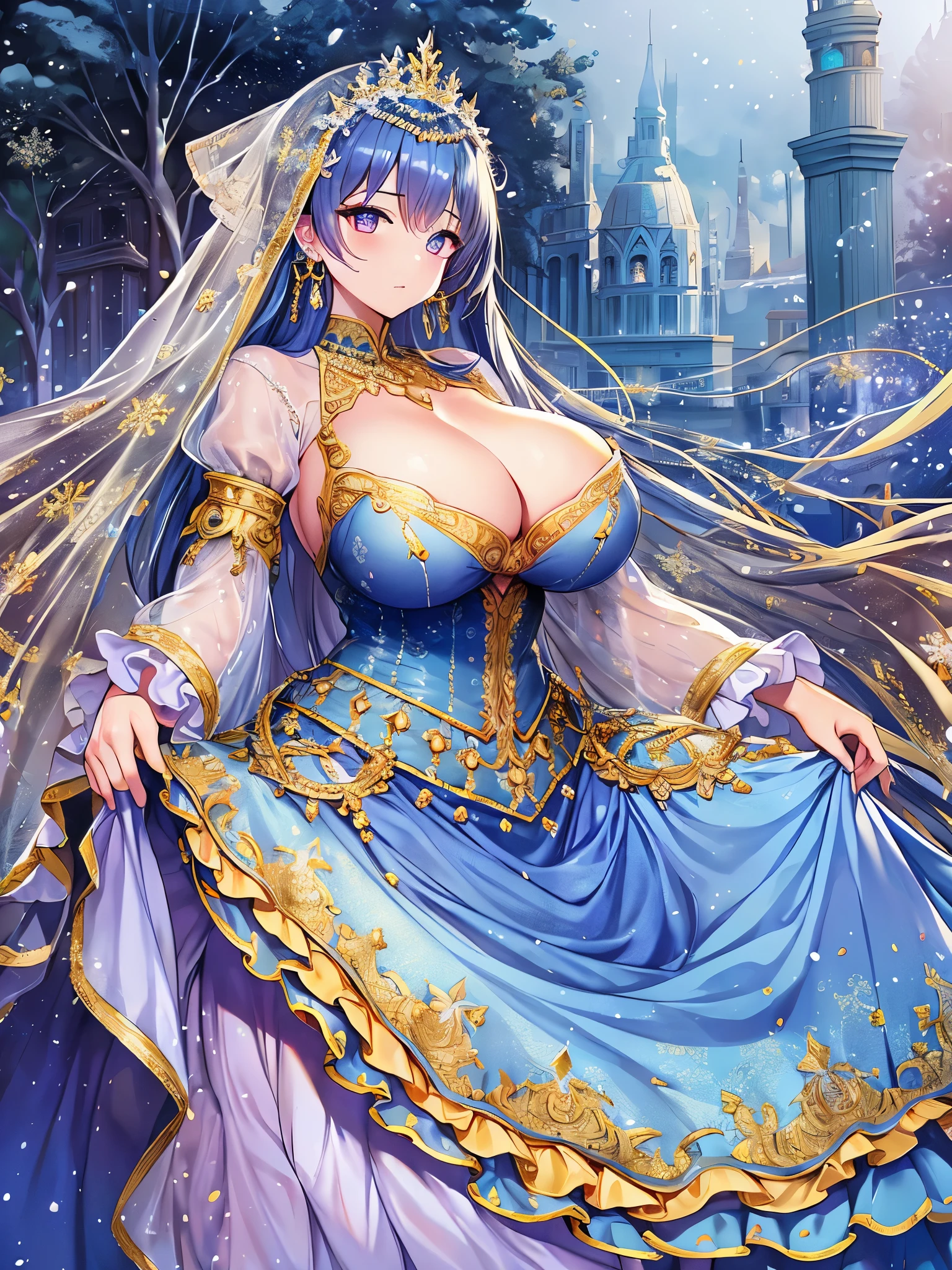anime artstyle,Masterpiece,Best Quality,Super Detail,((Very Delicate and Beautiful)),(((1 plump princess in beautiful embroidery and jeweled gorgeous rococo ballgown with voluminous hoop skirt))),crinoline skirt,((Solo)),(((snow garden,sonw,snowflake,sky))),((outdoor)),((full body)),(((gigantic breasts,gigantic breasts,cleavage,Curvaceous body,fully clothed))),sagging breasts,skindentation,detailed face and eyes,jewel-like eyes,((extremely voluminous straight Hair,Extremely Long Straight Hair)),((gorgeousfull embroidery and lace,beautiful embroidery and jeweled)),Gorgeous Gemstone Jewelry,gorgeous corsage,((gorgeous hair ornament,glitter jeweled gorgeous big tiara)),((full body)),((beautiful embroidery and jeweled gorgeous rococo ballgown with voluminous hoop skirt)),crinoline skirt,(crinoline),((snow garden,sonw,snowflake,outdoor,sky)),Looking at viewer,dynamic angle,(((beautiful embroidery and jeweled gorgeous rococo ballgown with voluminous hoop skirt))),crinoline skirt,full body,