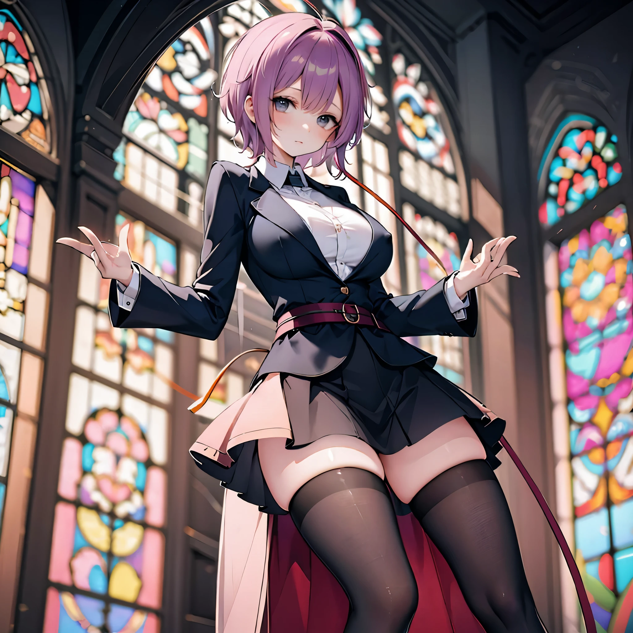 Satori toho character, (solo), (standing), (stained glass), BREAK, short hair, (huge perky breasts), bursting breasts, (inconceivably thin waist), very long legs, BREAK, (black blazer:1.2), (black thighhighs:1.2), (very short black miniskirt:1.2), highheels, military, BREAK, nose blush, BREAK, masterpiece, ultra-detailed