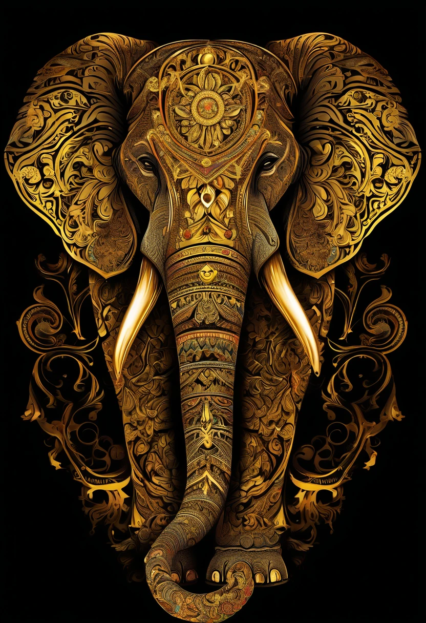 Elephant, extremely detailed and intrincate design, coat of arms. Colorful line art, fractal like, tattoo like design on the elephant. Golden and many colours. Some gold wodden lotus around. Black background.