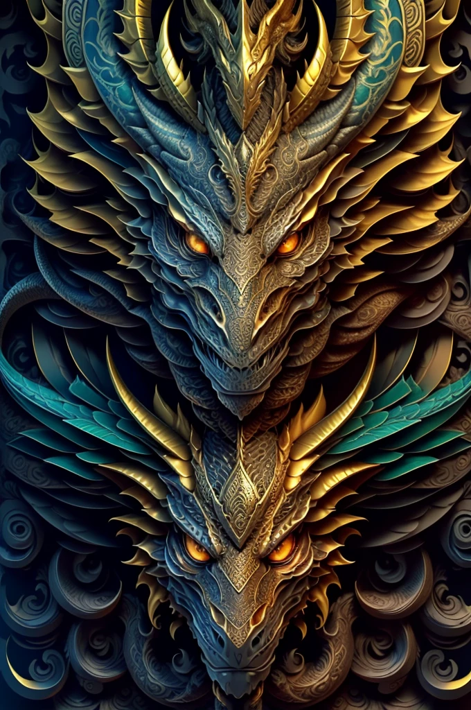 dragon, extremely detailed and intrincate design, coat of arms. Colorful line art, fractal like, tattoo like design on the dragon. Golden and many colours. Some gold wodden lotus around. Black background.