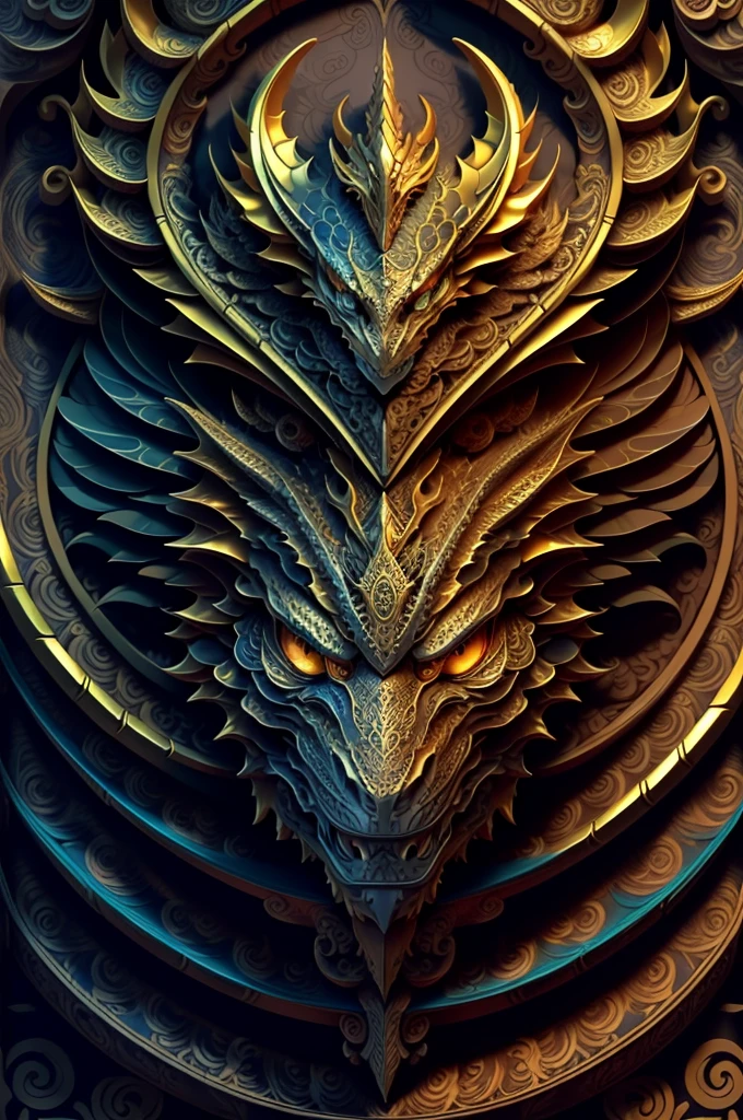 dragon, extremely detailed and intrincate design, coat of arms. Colorful line art, fractal like, tattoo like design on the dragon. Golden and many colours. Some gold wodden lotus around. Black background.