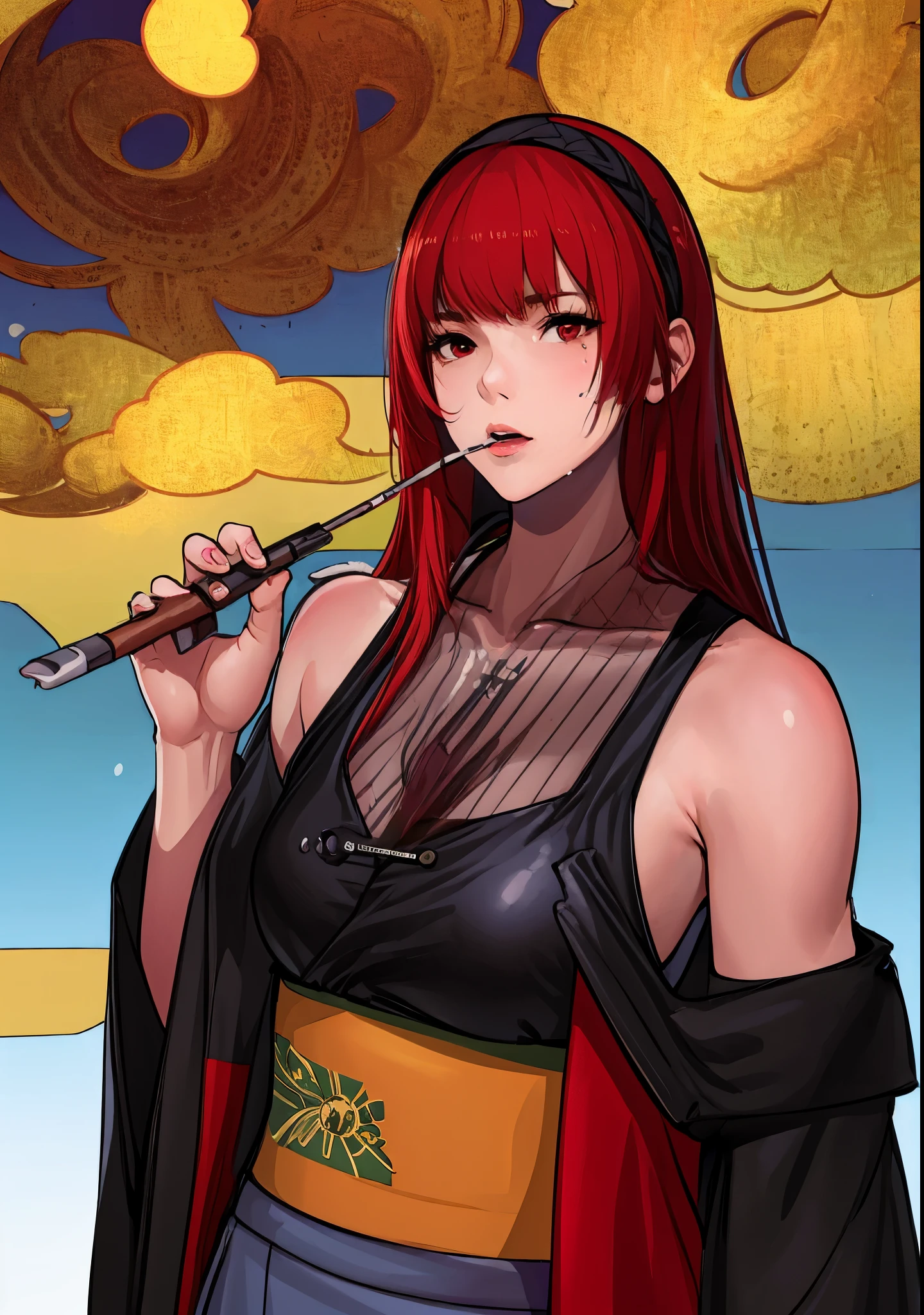 verapgr_rozen, black hairband,red hair, hollow eyes, red eyes, lips, shaded face, detailed face, sweating, looking at viewer, modern decor,cozy atmosphere,relaxing vibes,urban backdrop,dreamy ambiance, huge breast, hair ornament, magical aura, enchanting beauty, mystical setting, enchanting artwork, intricate details.sweating, kimono, japanese_clothes, 1girl, sash, solo, smoke, obi, cloud, smoking, looking_at_viewer, 