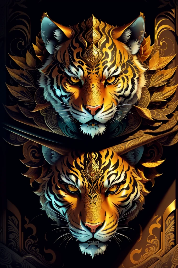 monky, extremely detailed and intrincate design, coat of arms. Colorful line art, fractal like, tattoo like design on the monky. Golden and many colours. Some gold wodden lotus around. Black background.