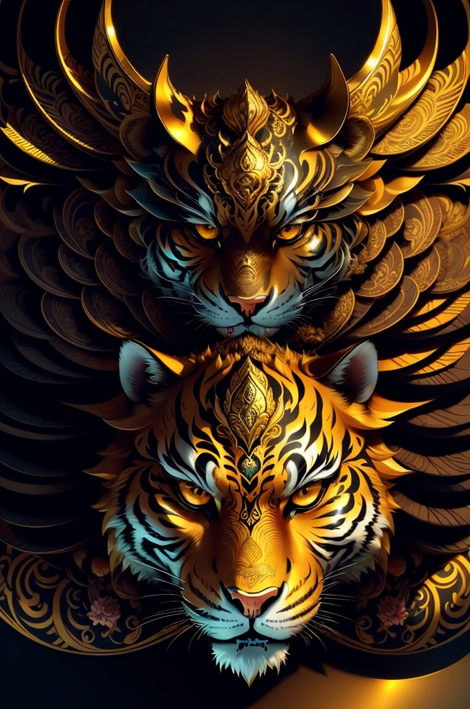 tigar, extremely detailed and intrincate design, coat of arms. Colorful line art, fractal like, tattoo like design on the tigar. Golden and many colours. Some gold wodden lotus around. Black background.
