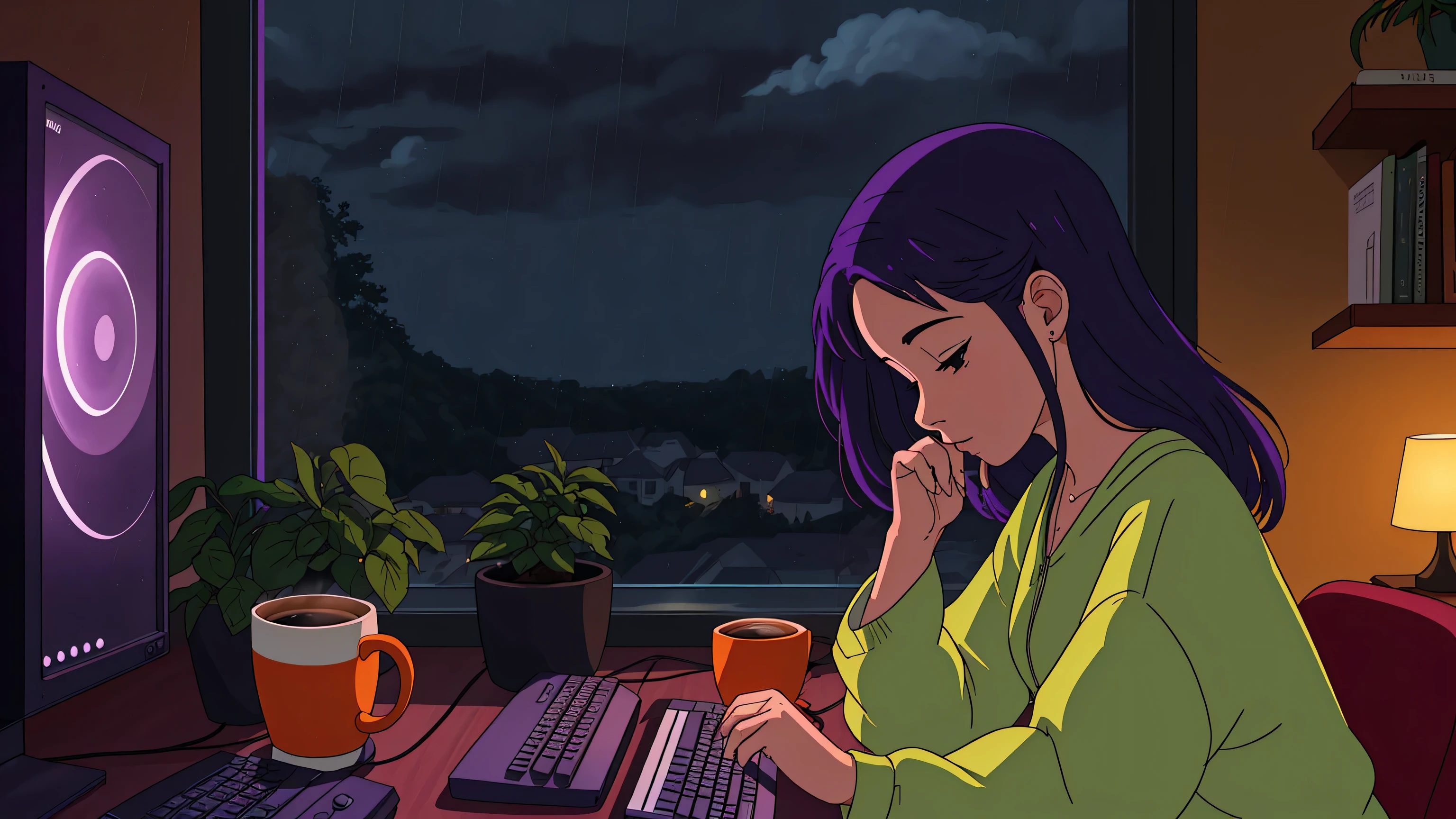 uma garota no estilo lofi em uma mesa com um computador de frente para uma janela estudando, isto'it's raining, isto'5 pontos'morning clock, a mug of coffee next to the computer, she is wearing warm clothes in cold weather, um gato preto fofo ao lado dela dormindo, ambiente relaxante , luzes amarelas, calm and great environment for studying, chuva calma e tranquila, estilo lofi girl, night ligthning, tons of cores wistoh twilight, Do Studio Ghibli