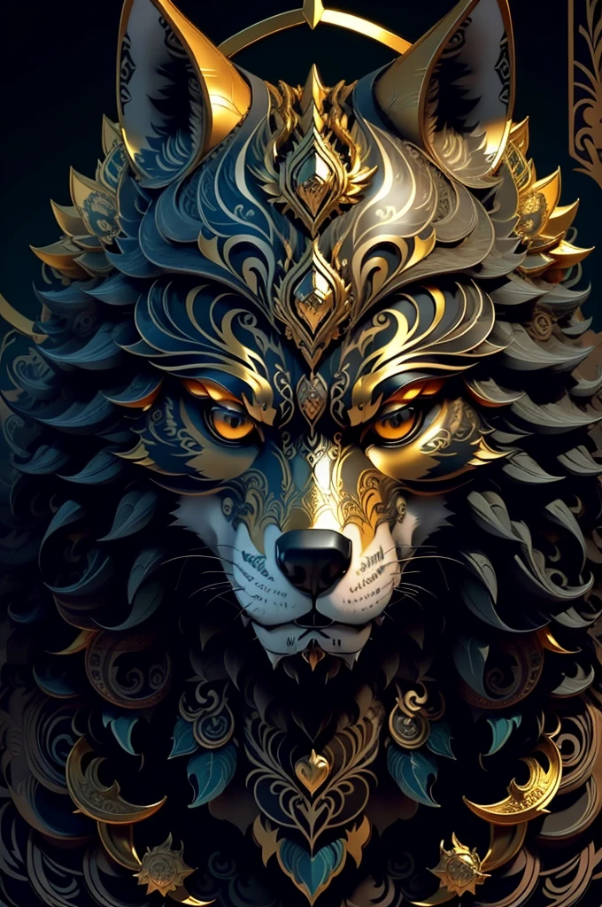 wolf, extremely detailed and intrincate design, coat of arms. Colorful line art, fractal like, tattoo like design on the wolf. Golden and many colours. Some gold wodden lotus around. Black background.