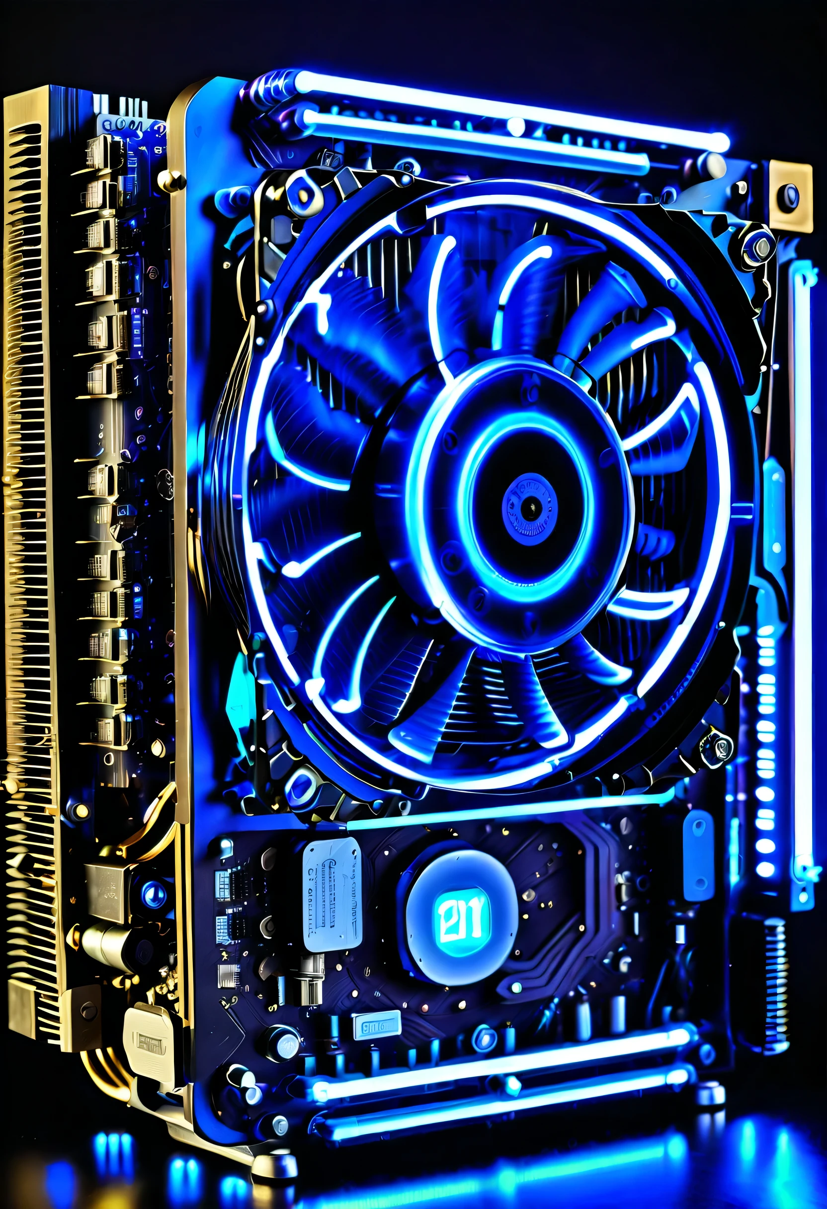 bevel, steampunk motherboard, black light glow cpu cooler, clock, Beautiful detail glow M.2, intricate details, refinement, accuracy, elaborate,