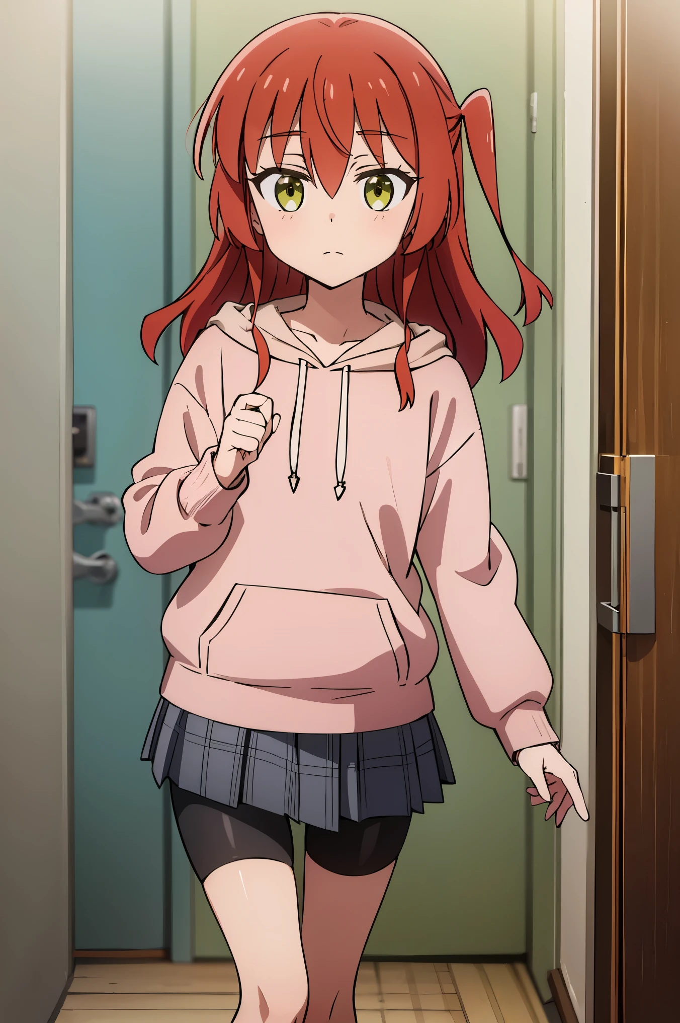 1 girl, hdr, ikuyo kita, red hair, one side up, long hair, green eyes, hoodie, pink hoodie, long sleeves, grey skirt, plaid skirt, bike shorts, black bike shorts, standing, open mouth, looking at viewers, plaid, room, solo,