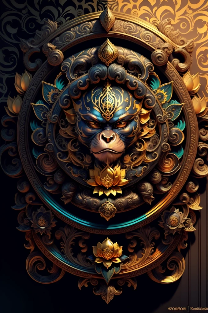 robbot, extremely detailed and intrincate design, coat of arms. Colorful line art, fractal like, tattoo like design on the robbot. Golden and many colours. Some gold wodden lotus around. Black background.
