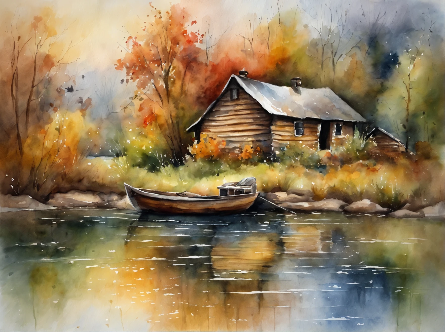 There is an old cabin by the river, a fishing boat near a hut over the water, Ducklings swim near the boat, Flowers bloom next to the hut.