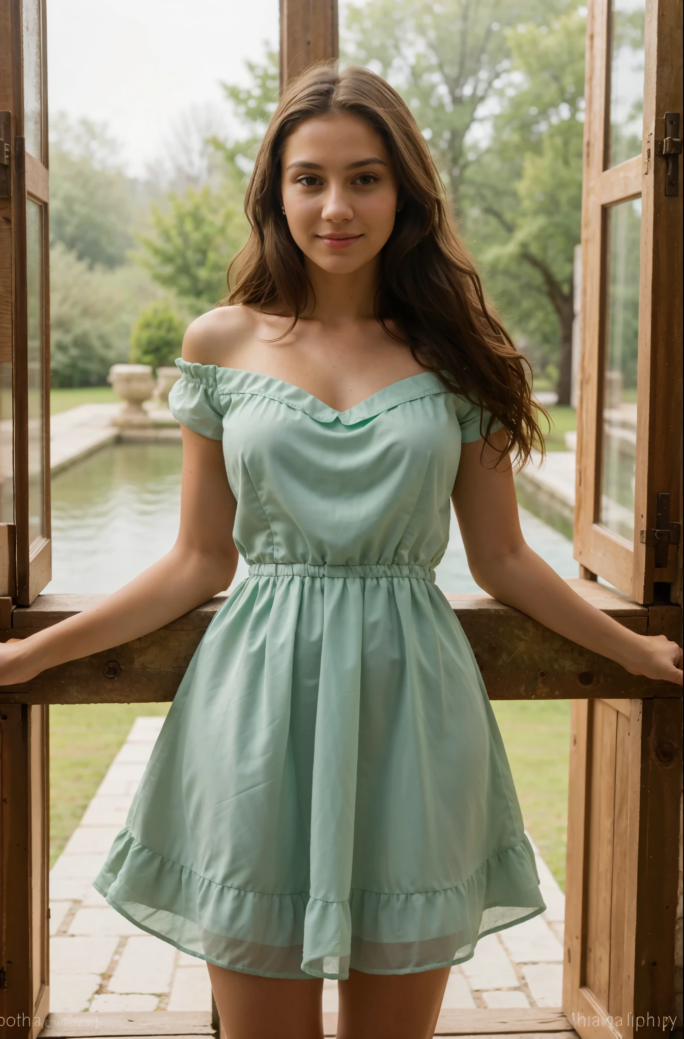 Cute beautiful sexy European light-green-eyed brunette, 22 years old, 

full body shot, showing off fantastic dress, bare legs, old castle,

tiny waist, very detailed, innocent face, face-length 1.3 times the face-width, almond-shaped eyes, squared face-shape, high cheekbones, naturally wavy hair, light-green eyes, high-res, masterpiece, best quality, intricate details, very detailed, sharp focus, detailed skin, realistic skin texture, texture, detailed eyes, professional, 4k, charming smile, shot with Canon, light depth of field, Kodak Vision color, perfectly fitting body, extremely detailed, photo_\( ultra\), photorealistic, realistic, post processing, maximum details, roughness, real life, ultrarealistic, photorealism, photography, 8k UHD, photography