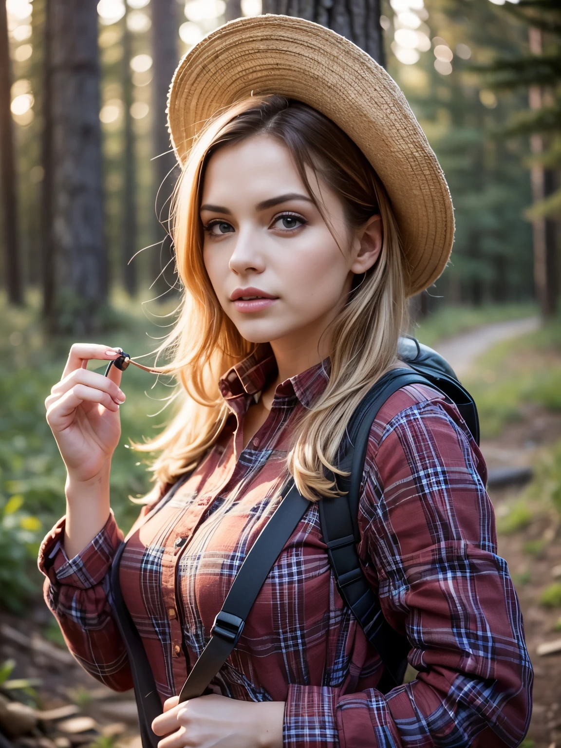 attractive nordic woman, shy, ((upper body selfie, innocent)), masterpiece, best quality, ultra-detailed, solo, outdoor, (night), mountains, nature, (stars, moon) , shy, backpack, sleeping bag, camping stove, water bottle, country boot, country hat, red plaid shirt long sleeve open, lantern, forest, rocks, river, wood, smoke, shadows, contrast, clear sky, style, (warm hue, warm tone: 1.2), close-up, cinematic light, side lighting, ultra high resolution, best shadow, RAW, upper body, wearing lingerie, seductive look, huge breasts, 4k, open neckline, sexy