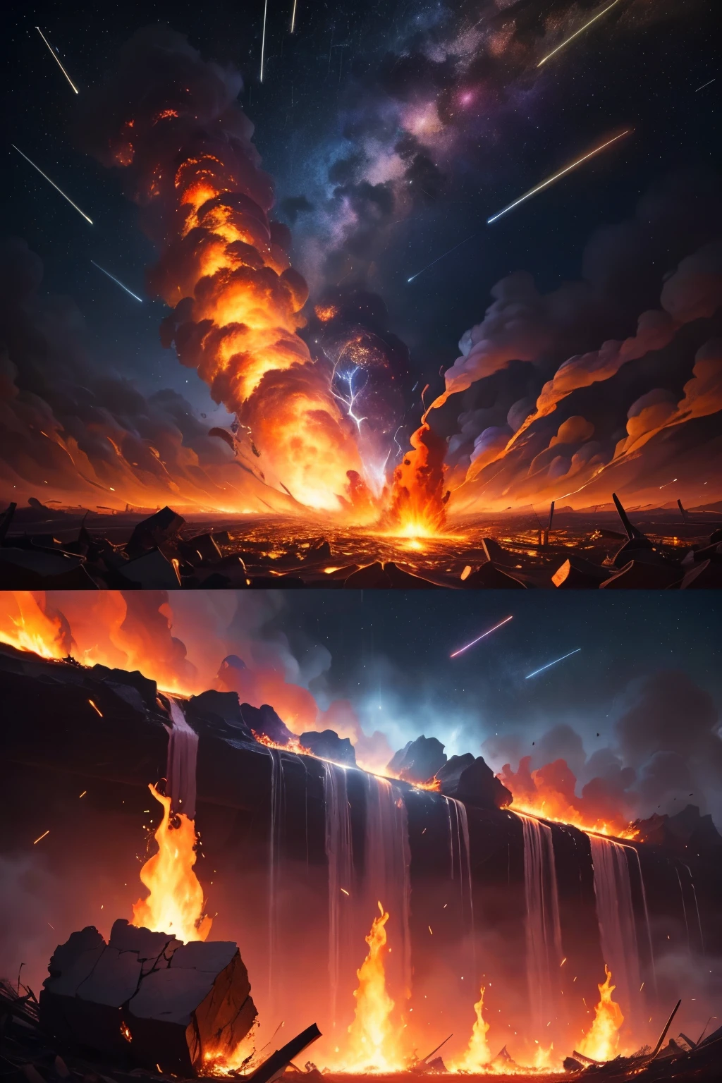 ((melhor qualidade)), ((obra de arte)), (detalhado), detailed cenary, Sodom and Gomorrah being destroyed by a fiery meteor shower, dark skies full of fire, cidade inteira incendiada, image that conveys destruction and chaos
