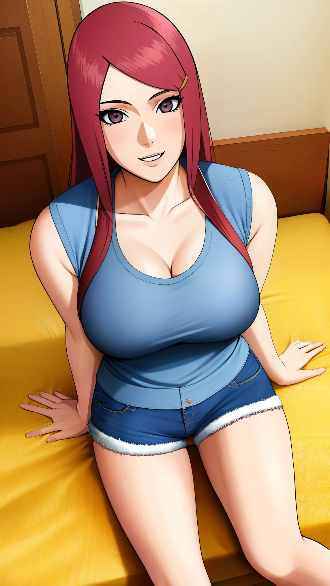 uzumaki_kushina, large_breasts, sitting, bedroom, solo, denim_shorts,, masterpiece, best quality, detailed face, detailed eyes, highres,