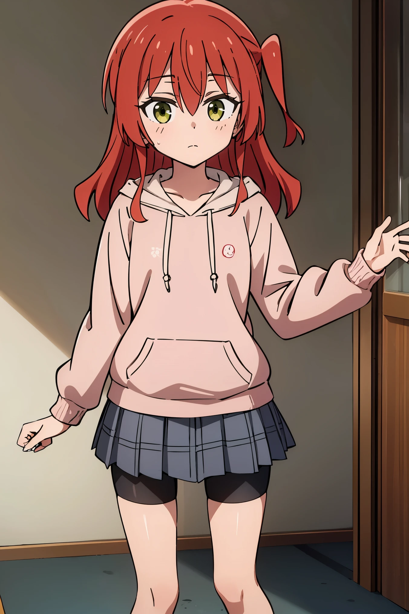 1 girl, hdr, ikuyo kita, red hair, one side up, long hair, green eyes, hoodie, pink hoodie, long sleeves, grey skirt, plaid skirt, bike shorts, black bike shorts, standing, open mouth, looking at viewers, plaid, room, solo,