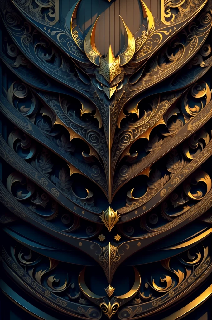 bat, extremely detailed and intrincate design, coat of arms. Colorful line art, fractal like, tattoo like design on the bat. Golden and many colours. Some gold wodden lotus around. Black background.