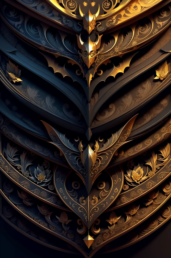 bat, extremely detailed and intrincate design, coat of arms. Colorful line art, fractal like, tattoo like design on the bat. Golden and many colours. Some gold wodden lotus around. Black background.