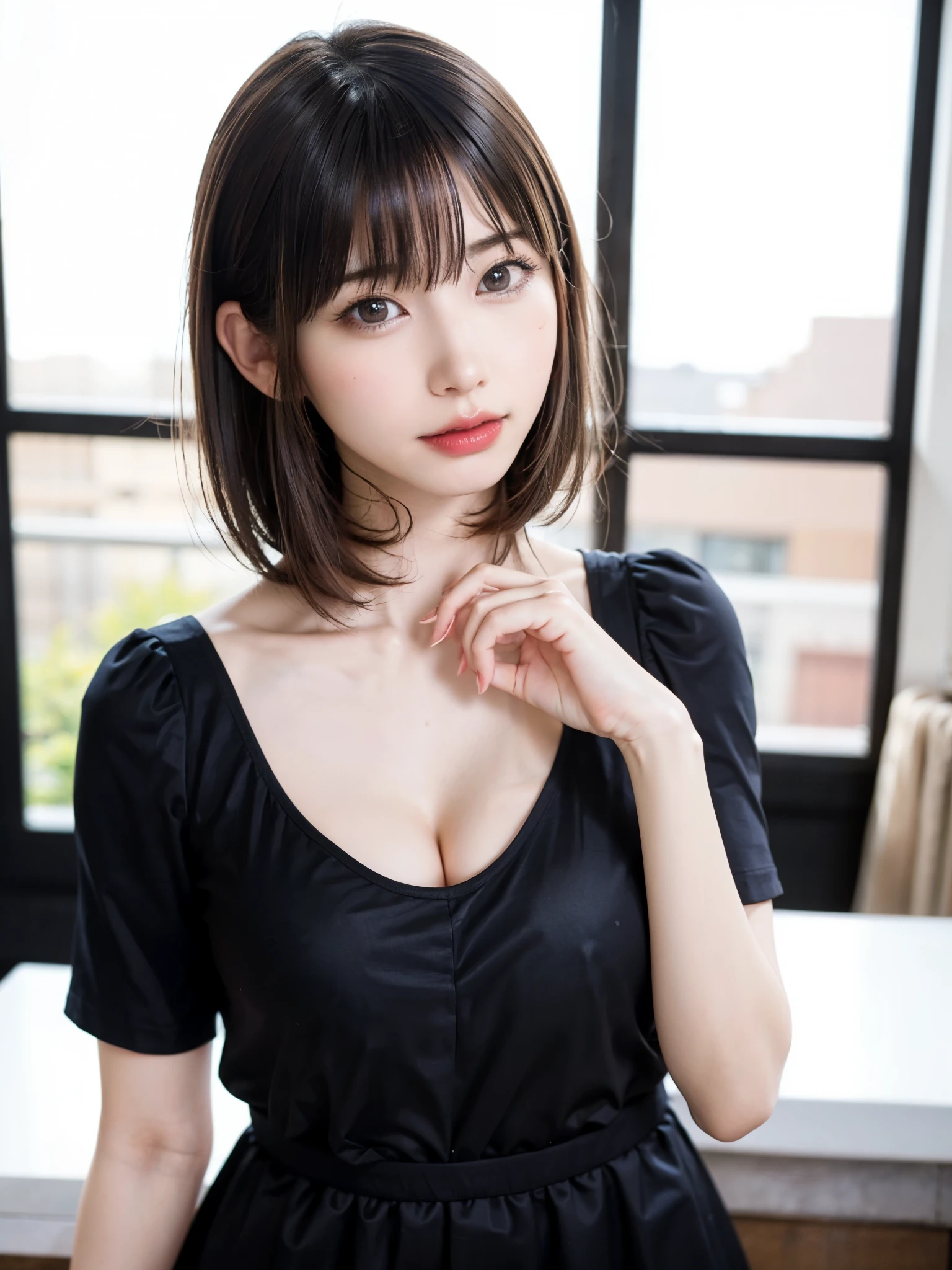 (table top, highest quality、high detail:1.4、very attractive beauty、Adds intense highlights to the eyes、look closely at the camera:1.4、Beautiful woman full of charm、ideal body proportions、perfect anatomy、brunette short bob hair、shiny hair、bangs:2、光沢のあるbangs:2、lip gloss),1 girl, Report, light brown shiny hair, scarf,realistic, looking at the viewer、Please tilt your head slightly, bright colored crystal light blue eyes, short and shiny hair、 chest中央に穴の開いた白いタートルネックの衣装,chestの真ん中に丸い穴のあるセクシーな白いタートルネック ニット セーター、 lips, lip gloss, Upper body、Big eyes、eyelash、face is a little red、embarrassing)、((italian road in winter))、((short hair with Big eyess、Give your students very powerful highlights、{Huge|big|Hugeな|mega} chest:2、very bigger chest:2、look at the audience、very beautiful beauty、show me your ears、long neck、smile a little、beautiful teeth、open your mouth and smile、heart shaped eyes))、28 years old、very cute super model、portrait:2、close your face:2