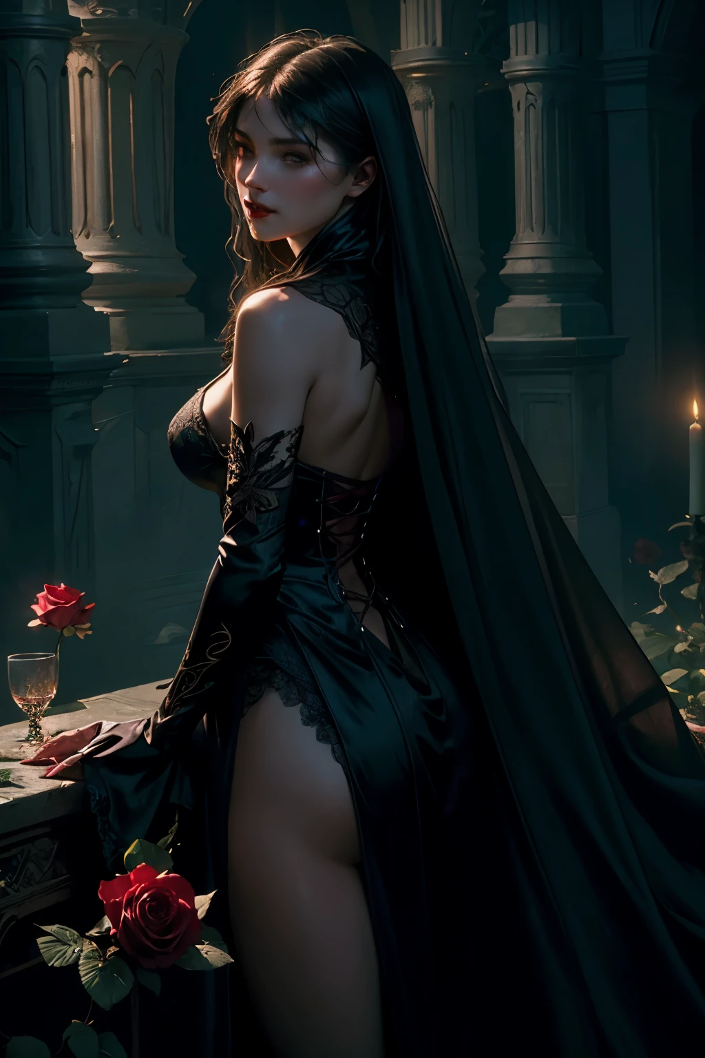 "Beautiful painting of a perfect female vampire, slender figure outlined by deep dark shadows, large breasts accentuated by a shapeless, voluminous long black cloak, perfect features delicate and intricately detailed, wearing an extremely baroque vampire corset adorned with precious gems and intricate lace, dynamic pose full of abstract beauty and near perfection, immersed in a pure form ethereal background of swirling mist and roses, illuminated by strong cinematic lighting and captivating back lighting, concept art by renowned artists Greg Rutkowski, John William Waterhouse, and Alphonse Mucha, stunning 8k post-production with super