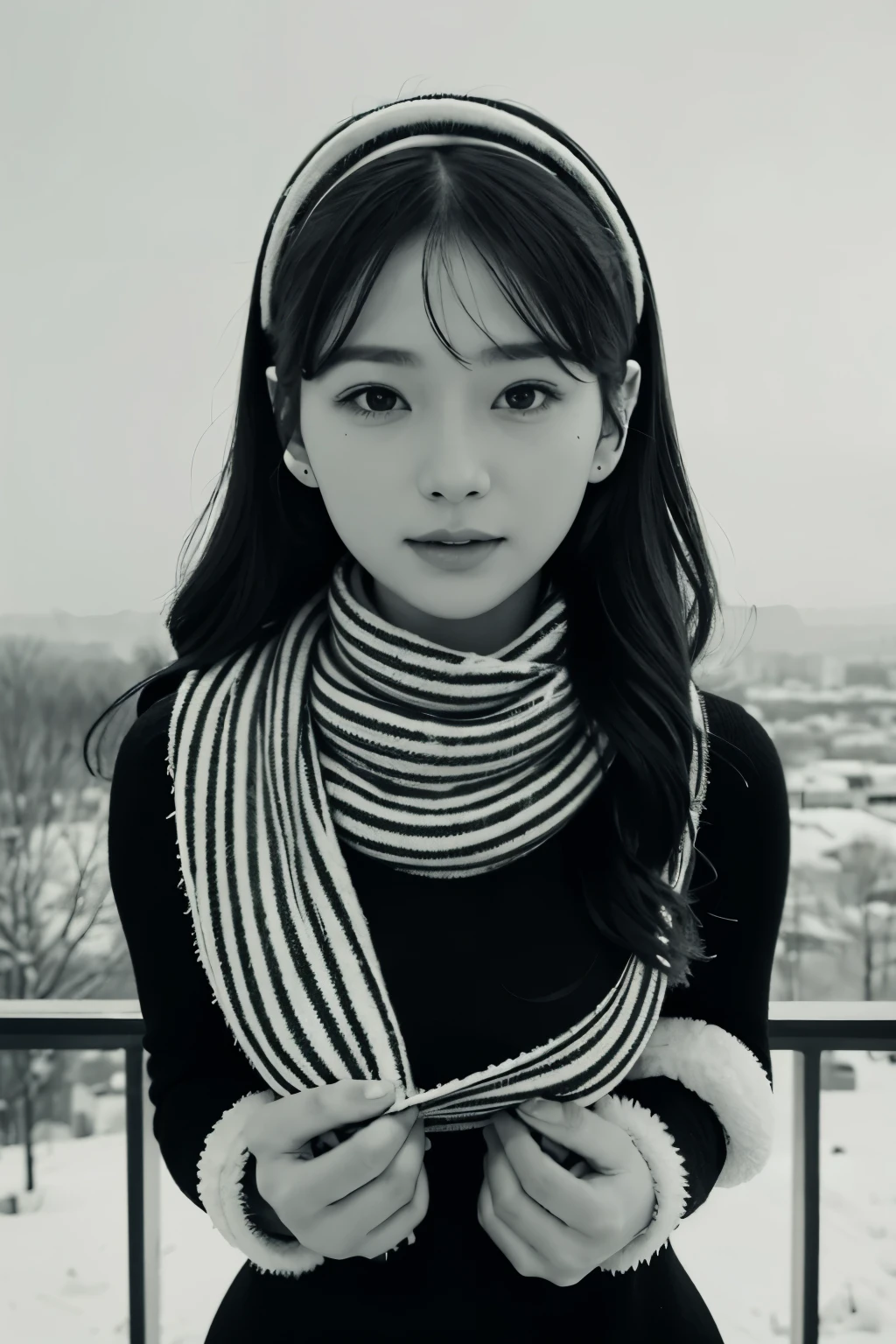 Wear earmuffs:1, Cozy winter day:1, Snowflakes gently falling:1, Detailed fur lining:1, Head turned slightly to the side:1, Gazing at a distance:1, (Landscape view:1.5), Soft focus:1.1, Capturing the moment:1.2, Hands tucked in pockets:1, Breathing in the crisp air:1.1, Scarf wrapped around the neck:1, (Photographed in Black and White:1.8), (Raw photo:1.1), Realistic, Photorealistic:1.3, Masterpiece, Beautiful, Winter scene.
