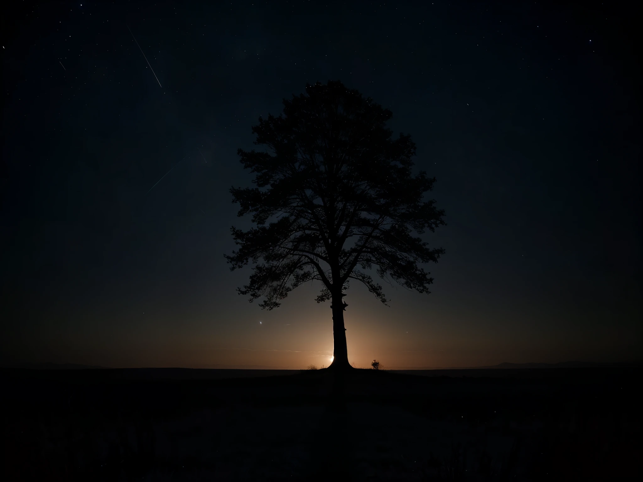 A lone oak silhouetted against a starry sky, casting long shadows on the moonlit ground.