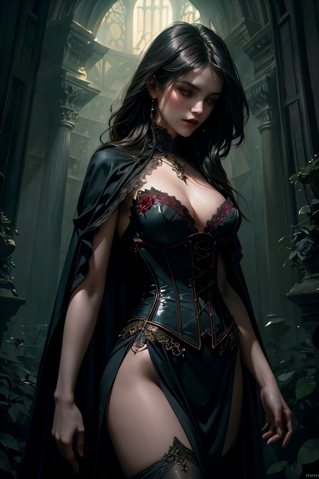 "Beautiful painting of a perfect female vampire, slender figure outlined by deep dark shadows, large breasts accentuated by a shapeless, voluminous long black cloak, perfect features delicate and intricately detailed, wearing an extremely baroque vampire corset adorned with precious gems and intricate lace, dynamic pose full of abstract beauty and near perfection, immersed in a pure form ethereal background of swirling mist and roses, illuminated by strong cinematic lighting and captivating back lighting, concept art by renowned artists Greg Rutkowski, John William Waterhouse, and Alphonse Mucha, stunning 8k post-production with super
