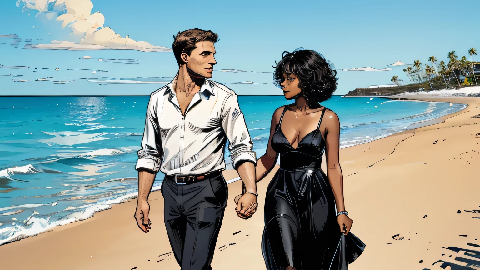 a young black woman walking hand in hand on the beach with a white man . Livro de quadrinhos em HQ
