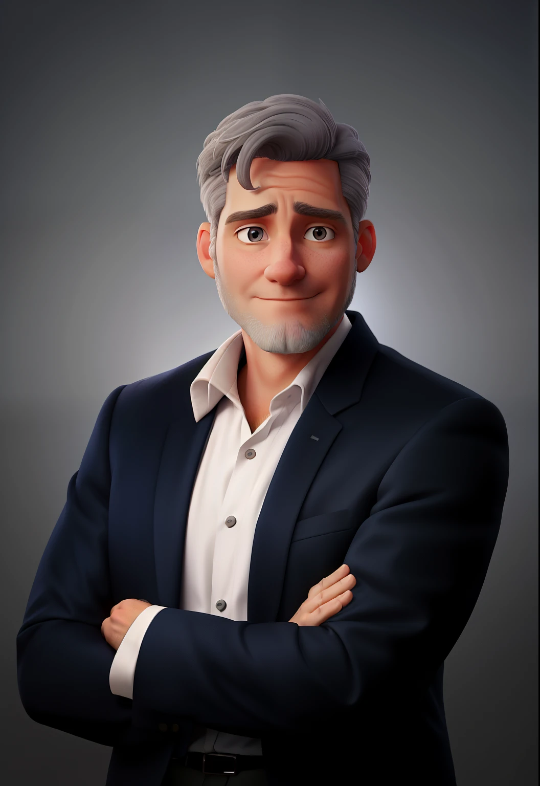 
white man, 46 years old, with gray hair, illuminated by artificial studio light, wearing a suit, against an infinite background.