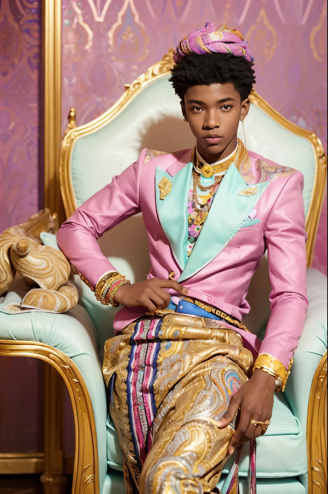 (African teenage man),(worms eye view),(wealthy),(line art),(pastel background),(vibrant accents),(ultra-detailed face),(sharp focus),(professional, artistic),(teenager),(confident expression),(stylish, culturally inspired outfit),(elegant pose),(luxurious, expansive interior),(expensive accessories),(colorful, opulent atmosphere),(fantasy-inspired elements),(fine detailing),(contrast lighting)