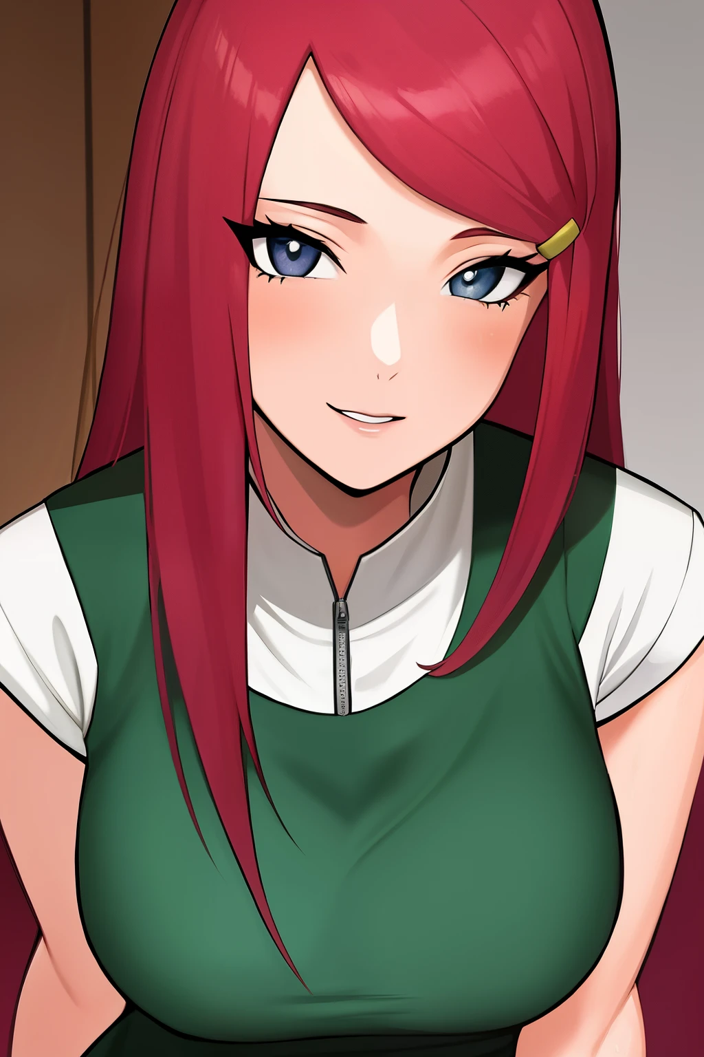 uzumaki_kushina, large_breasts, close up, standing, solo, kushina_green_dress, masterpiece, best quality, detailed face, detailed eyes, highres,