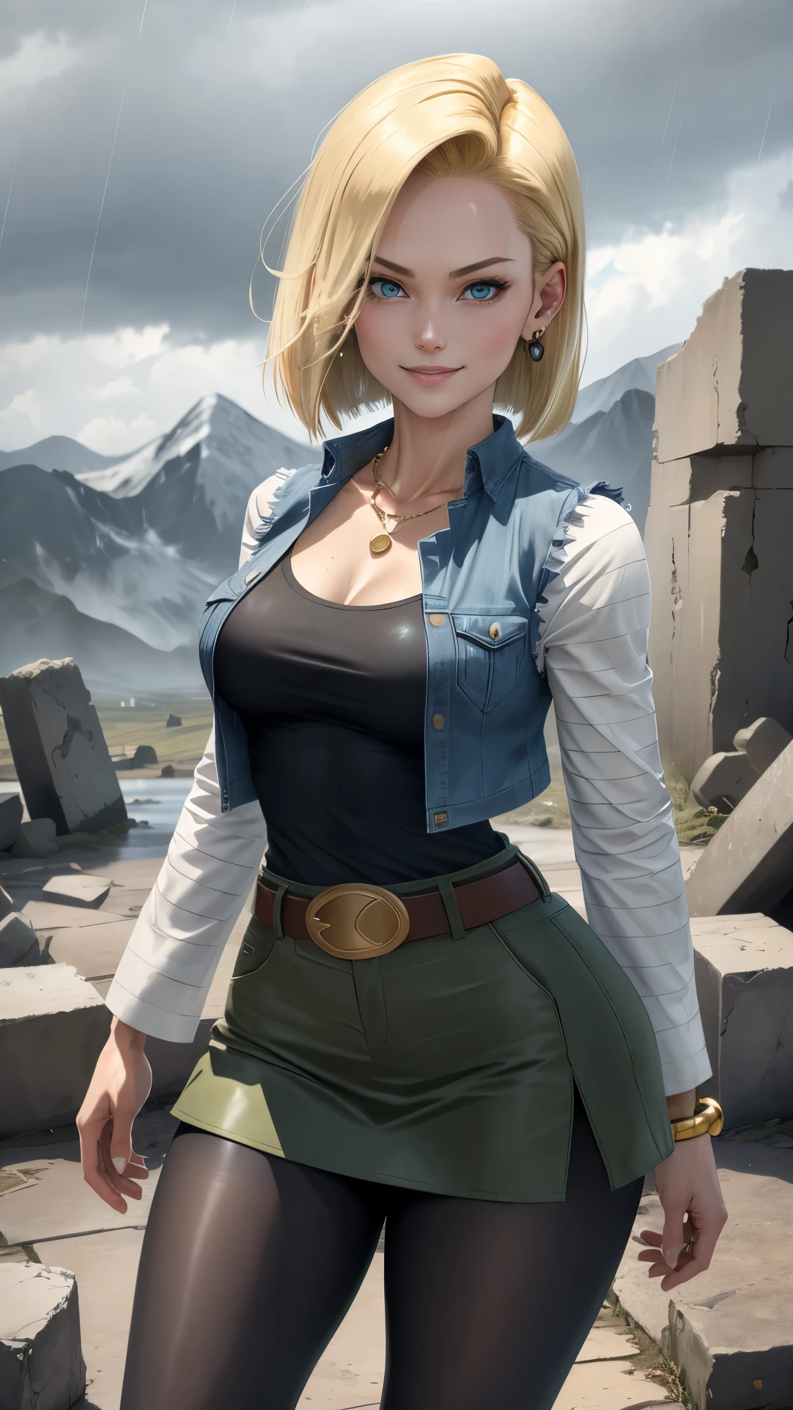 best quality, highres, and18, 1girl, android 18, solo, blonde hair, blue eyes, belt, tight blue demin skirt, gold_necklace, closed fists, black shirt, short hair, long sleeves, earrings, open vest, denim vest, medium breasts, cowboy shot, mountains, straight-on, (weather: raining and windy), wet clothes, fierce smile, combat stance, full length pantyhose, battle ruins, wide hips, thick legs, wet body, dirty clothes,