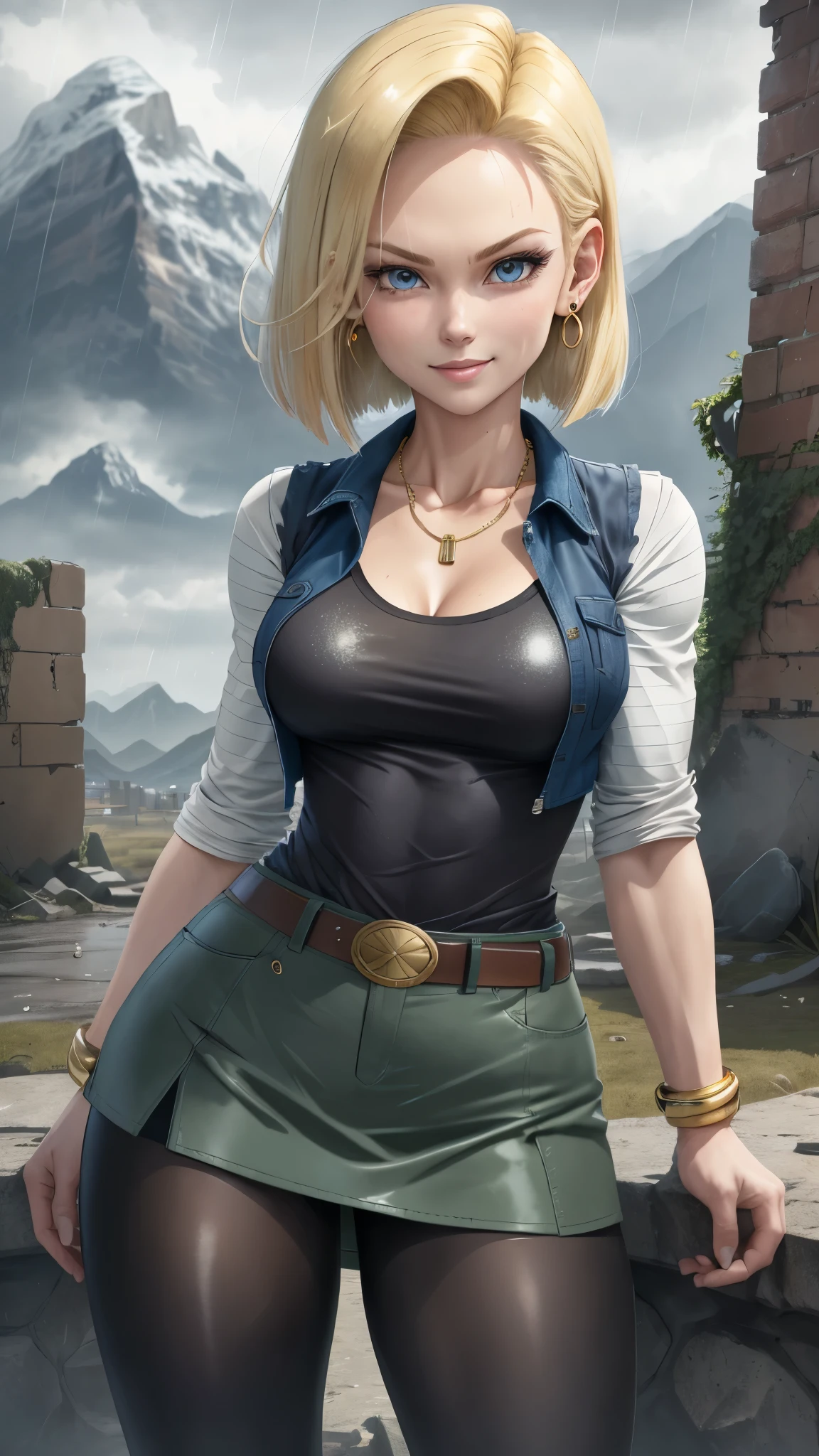best quality, highres, and18, 1girl, android 18, solo, blonde hair, blue eyes, belt, tight demin skirt, gold_necklace, bracelet, closed fists, black shirt, short hair, long striped sleeves, earrings, open vest, denim vest, medium breasts, cowboy shot, mountains, straight-on, (weather: raining and windy), wet clothes, sexy smile, combat stance, full length pantyhose, battle ruins, wide hips, thick legs,