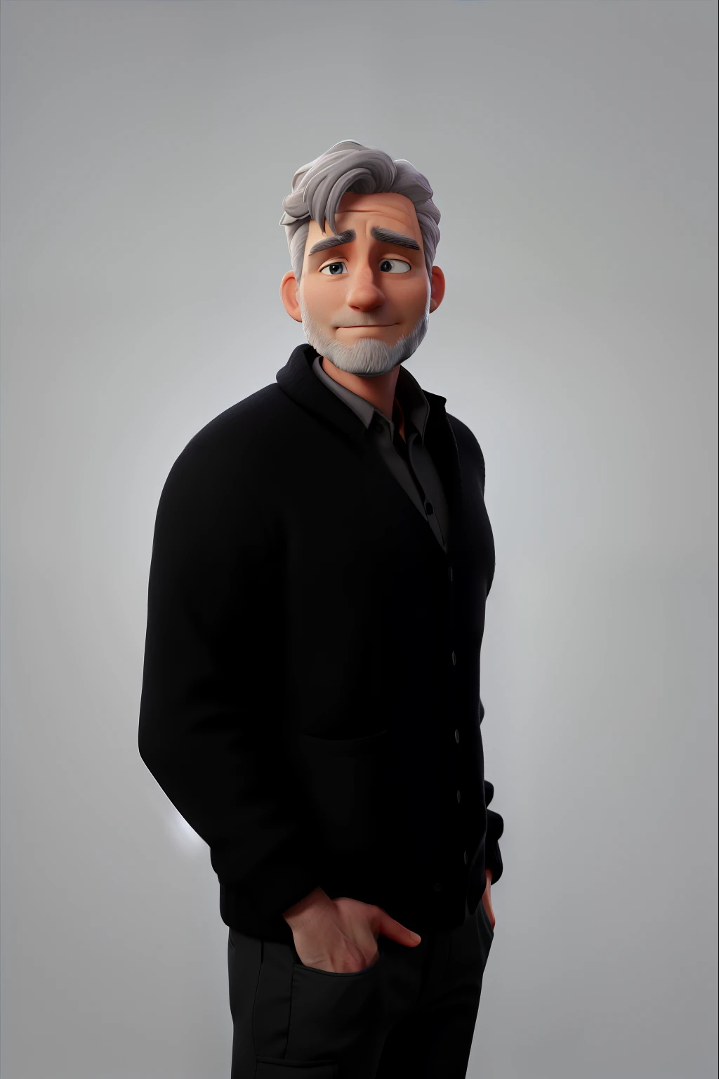 white man, 46 years old, with gray hair, talking on his cell phone, illuminated by artificial studio light, wearing a black cardigan, against an infinite background.