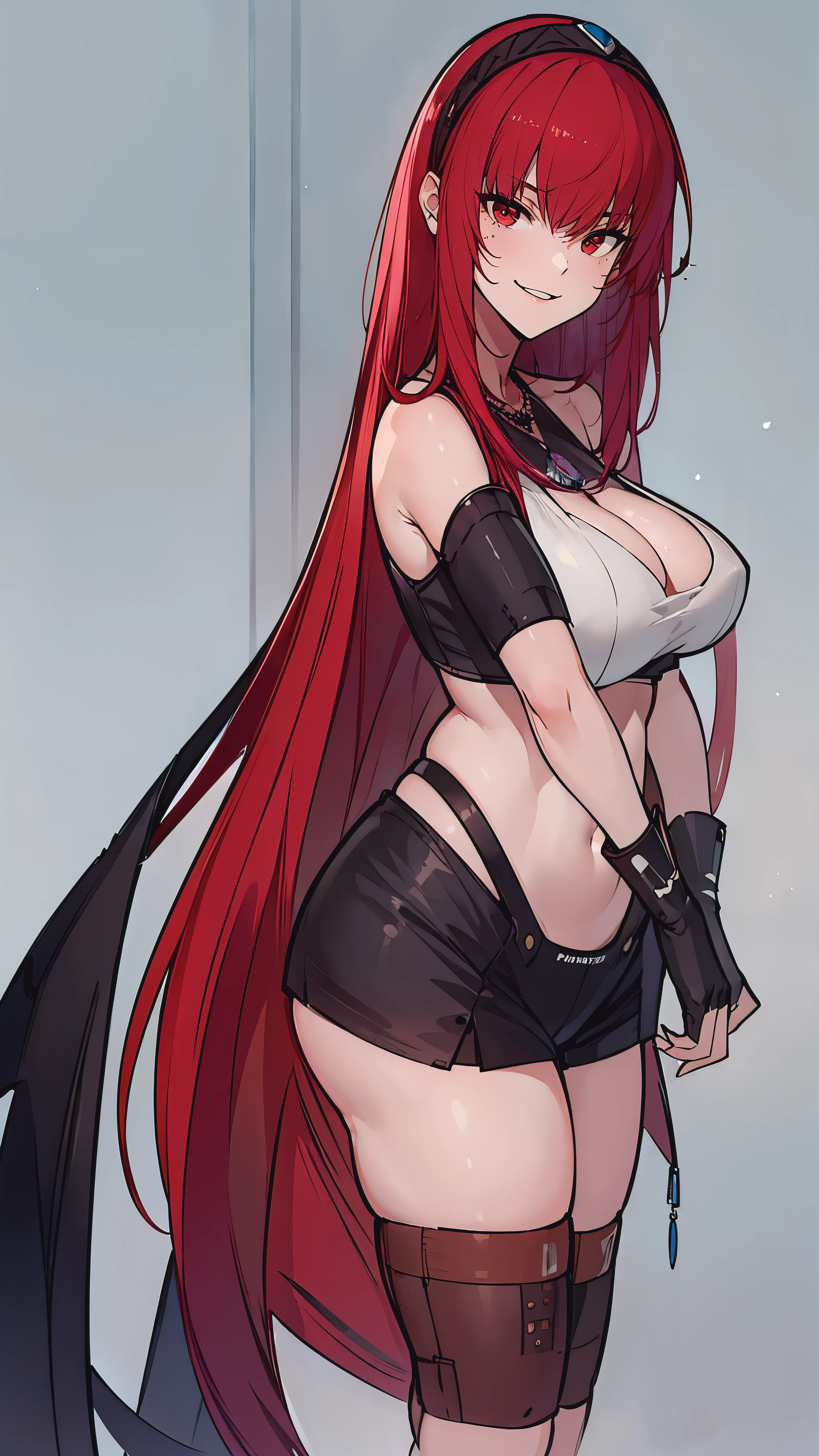verapgr_rozen, black hairband,red hair, hollow eyes, red eyes, lips, shaded face, detailed face, sweating, looking at viewer, modern decor,cozy atmosphere,relaxing vibes,urban backdrop,dreamy ambiance, huge breast, hair ornament, magical aura, enchanting beauty, mystical setting, enchanting artwork, intricate details.sweating, 1girl, breasts, large_breasts,gloves, tiara, fingerless_gloves, jewelry, shorts, earrings, solo, looking_at_viewer, blush, smile, headpiece, red_shorts, sidelocks, simple_background, thighhighs, short_shorts