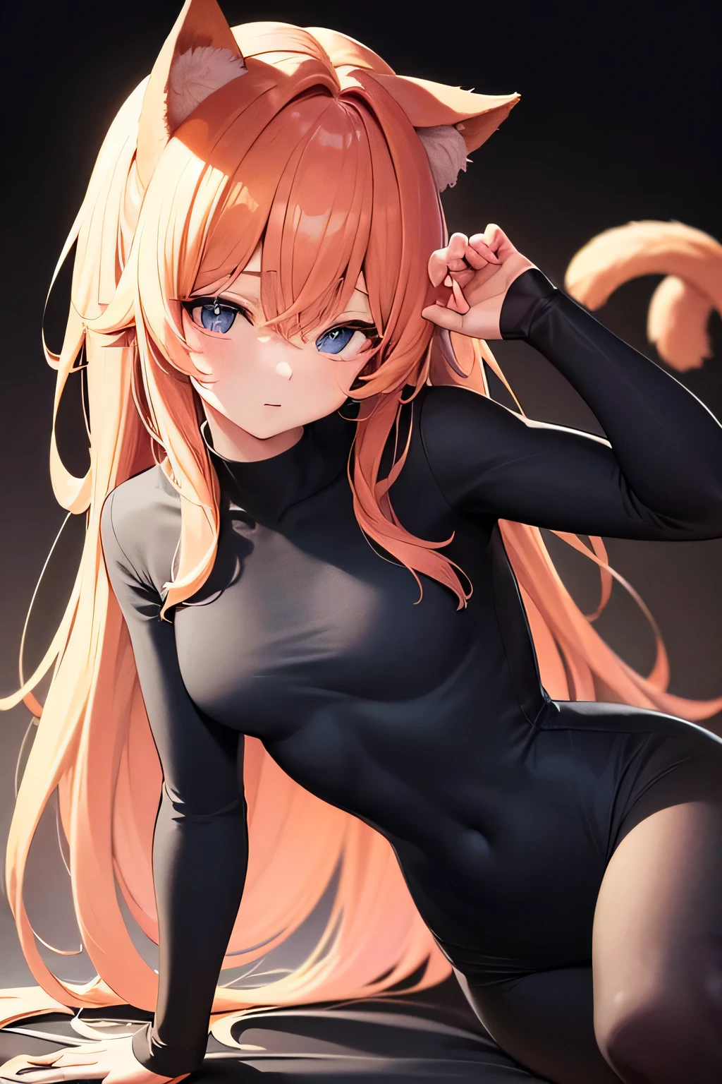 (Best quality,4K,a high resolution,masterpiece:1.2),portrait, girl with peach hair,loose hair ,bangs between the eyes, cat's ears, small breast size, skintight suit, Sleeping position, simple background