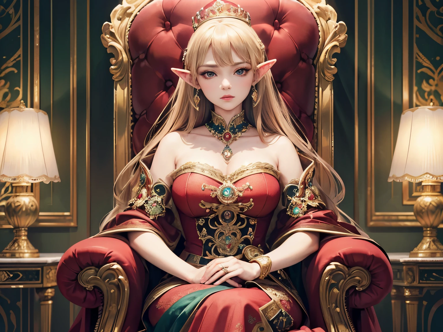 (best quality,4k,8k,highres,masterpiece:1.2),ultra-detailed,(realistic,photorealistic,photo-realistic:1.37),Elf queen,royal opulence,sitting on her throne,baroque,glowing aura,golden crown,fine jewelry,luxurious velvet dress,elegant embroidery,ornate throne,majestic backdrop,dramatic lighting,elaborate interior,opulent décor,rich colors,richly detailed textures,intricate patterns,delicate lace,fine art quality,regal posture,serene expression,queenly grace,fiery eyes,powerful presence,extravagance and grandeur,beauty and royalty,otherworldly beauty,fairy tale setting,ethereal atmosphere,timeless elegance