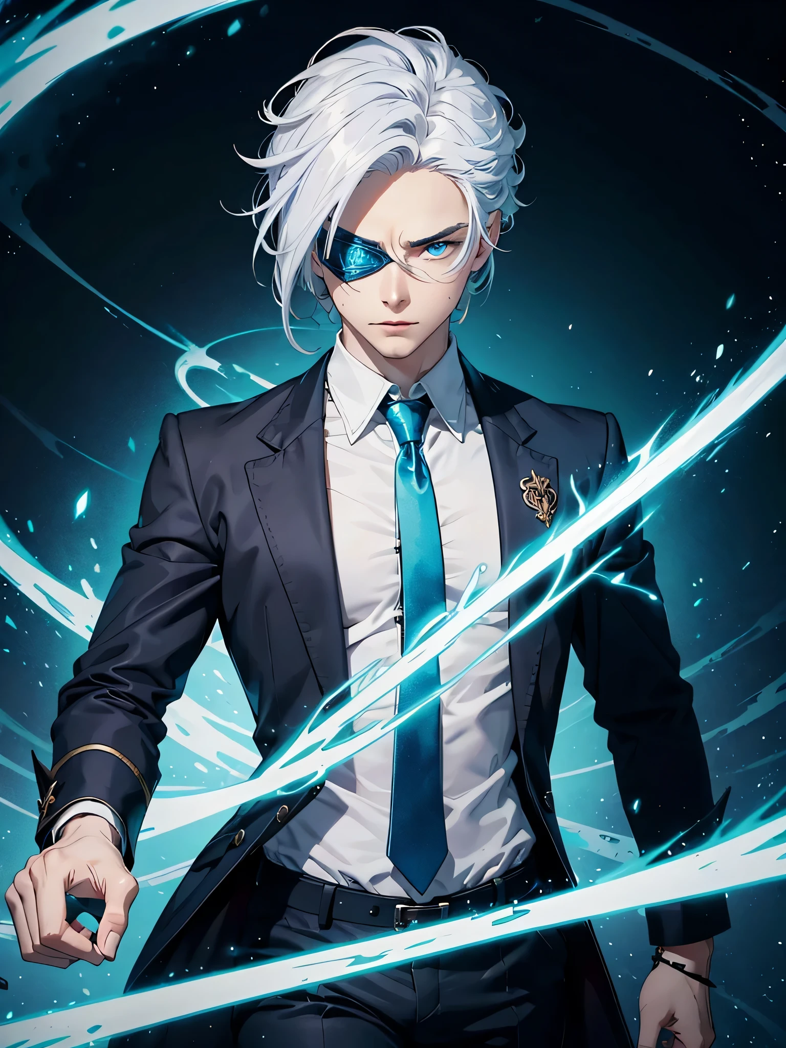 Create an image of a striking young man with vibrant white hair and piercing blue eyes. He should have a confident and charismatic expression, exuding an aura of power and intelligence. The character should be wearing a high-collared jacket or coat, possibly with intricate patterns or symbols, and accessorized with a distinctive blindfold covering his eyes. The background should be dynamic, suggesting an environment where magic and combat are prevalent, with swirling energy or mystical elements