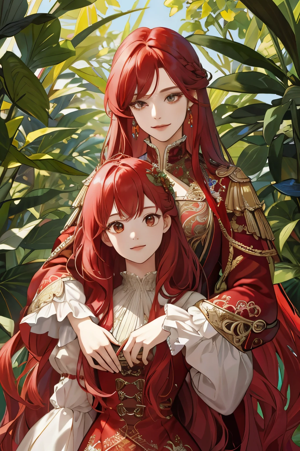 (absurdres, highres, ultra-detailed), 2 girls, solo, mature, (very long hair, red hair), Baroque, long dress with intricately designed patterns and long sleeves, elegant and colorful, highest detailed upper body, outdoors in a beautiful garden setting filled with vibrant flowers and lush greenery, adorned with ornate logos and collages, a time-honored technique that showcases every detail in stunning clarity.