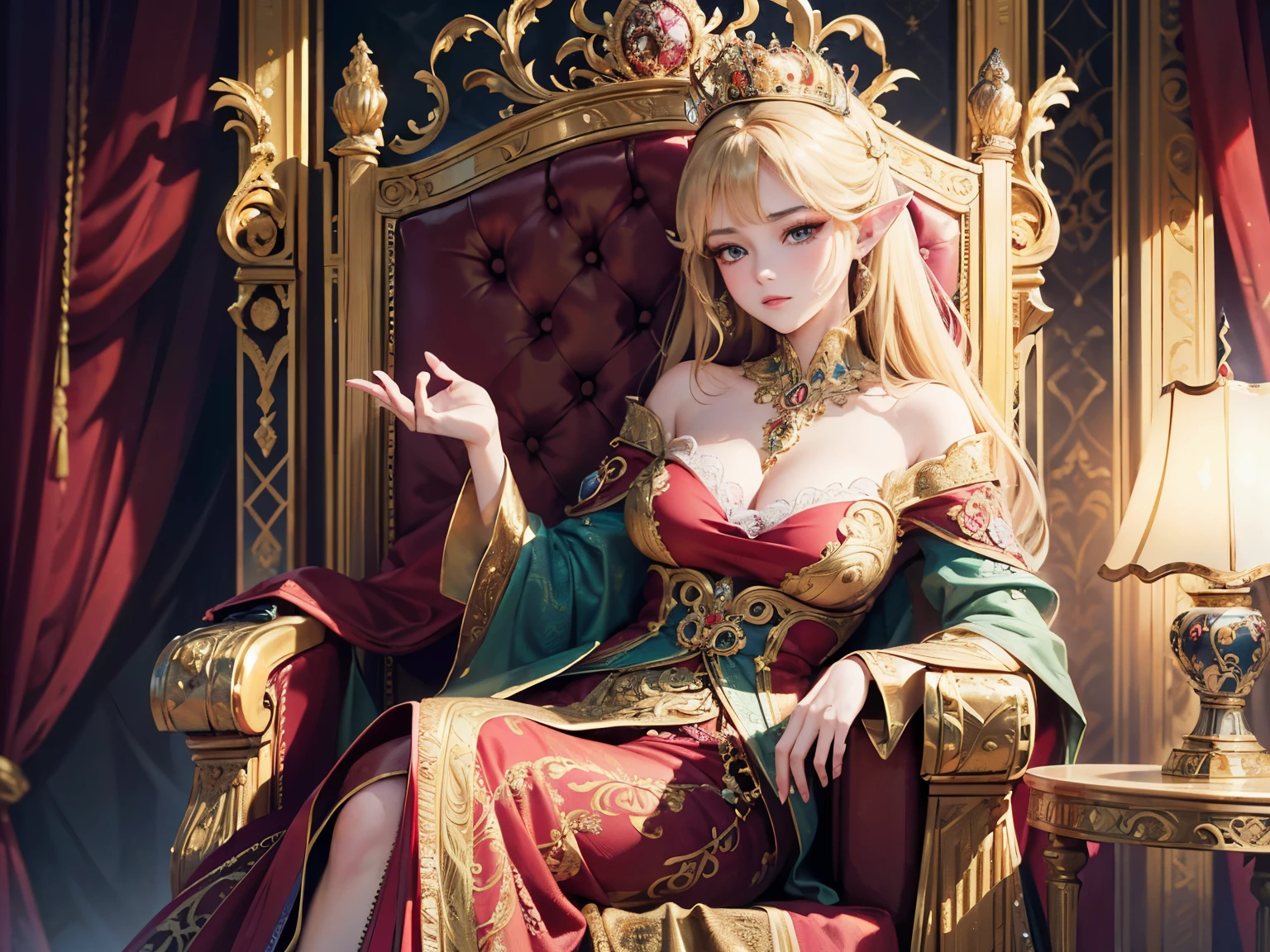 (best quality,4k,8k,highres,masterpiece:1.2),ultra-detailed,(realistic,photorealistic,photo-realistic:1.37),Elf queen,royal opulence,sitting on her throne,baroque,glowing aura,((golden crown)),fine jewelry,luxurious velvet dress,elegant embroidery,(ornate throne),majestic backdrop,dramatic lighting,elaborate interior,opulent décor,rich colors,richly detailed textures,intricate patterns,delicate lace,fine art quality,regal posture,serene expression,queenly grace,fiery eyes,powerful presence,extravagance and grandeur,beauty and royalty,otherworldly beauty,fairy tale setting,ethereal atmosphere,timeless elegance