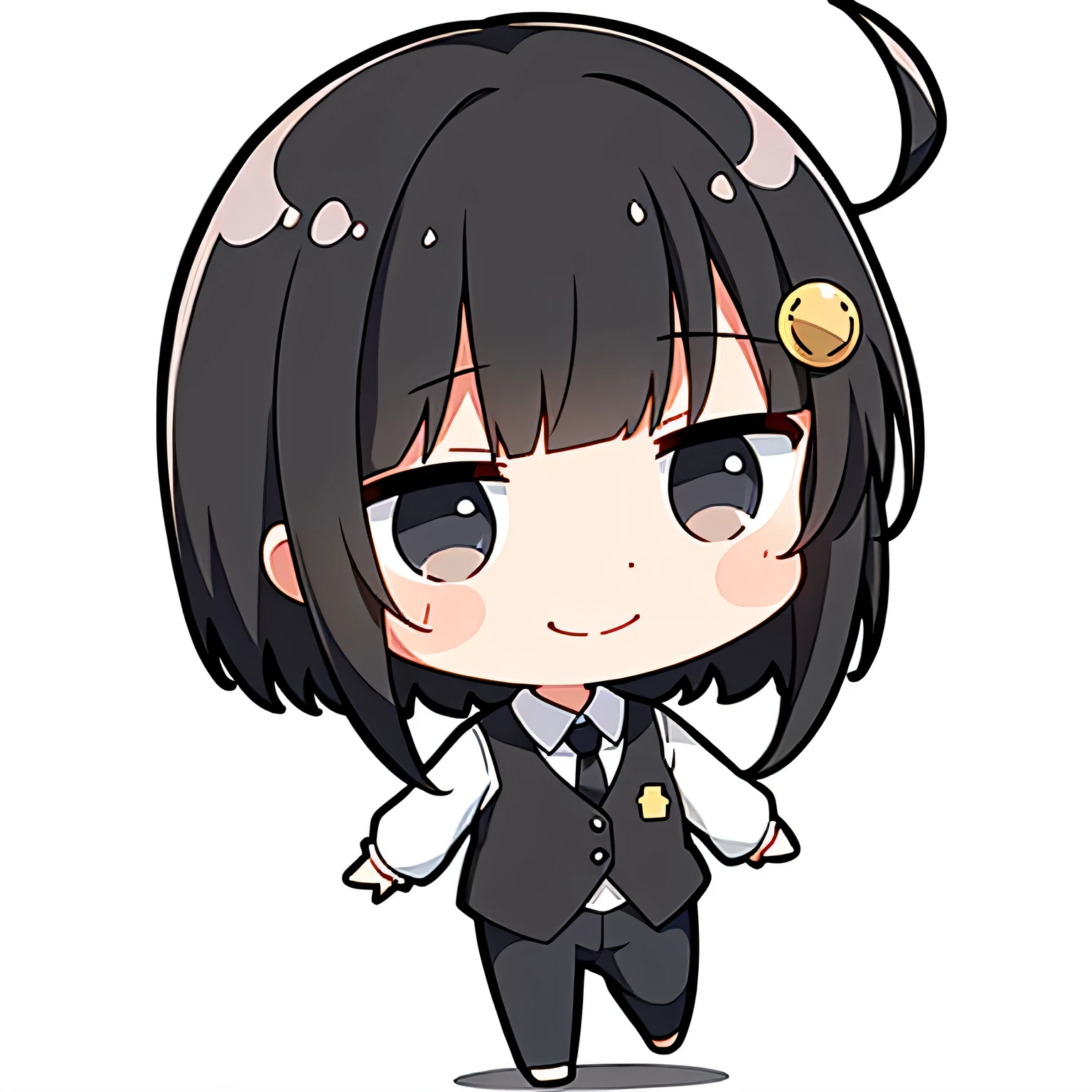 超A high resolution, nffsw, Best aesthetic, Top quality depiction of the foot, with open arms, Chibi character Detective Keira Rexanne Giles, her short black hair in disarray, gray eyes, with an Smile, Waving, white Background, her black pants and white shirt formal wear, Flat Avatar, Anime visuals of cute girls, Cute art style, Chibi, anime stylized, Shorthair, Ahoge, is shy, A smile, hair adornments, simple background, 耳环, jewely, side locks, large oval eyes,