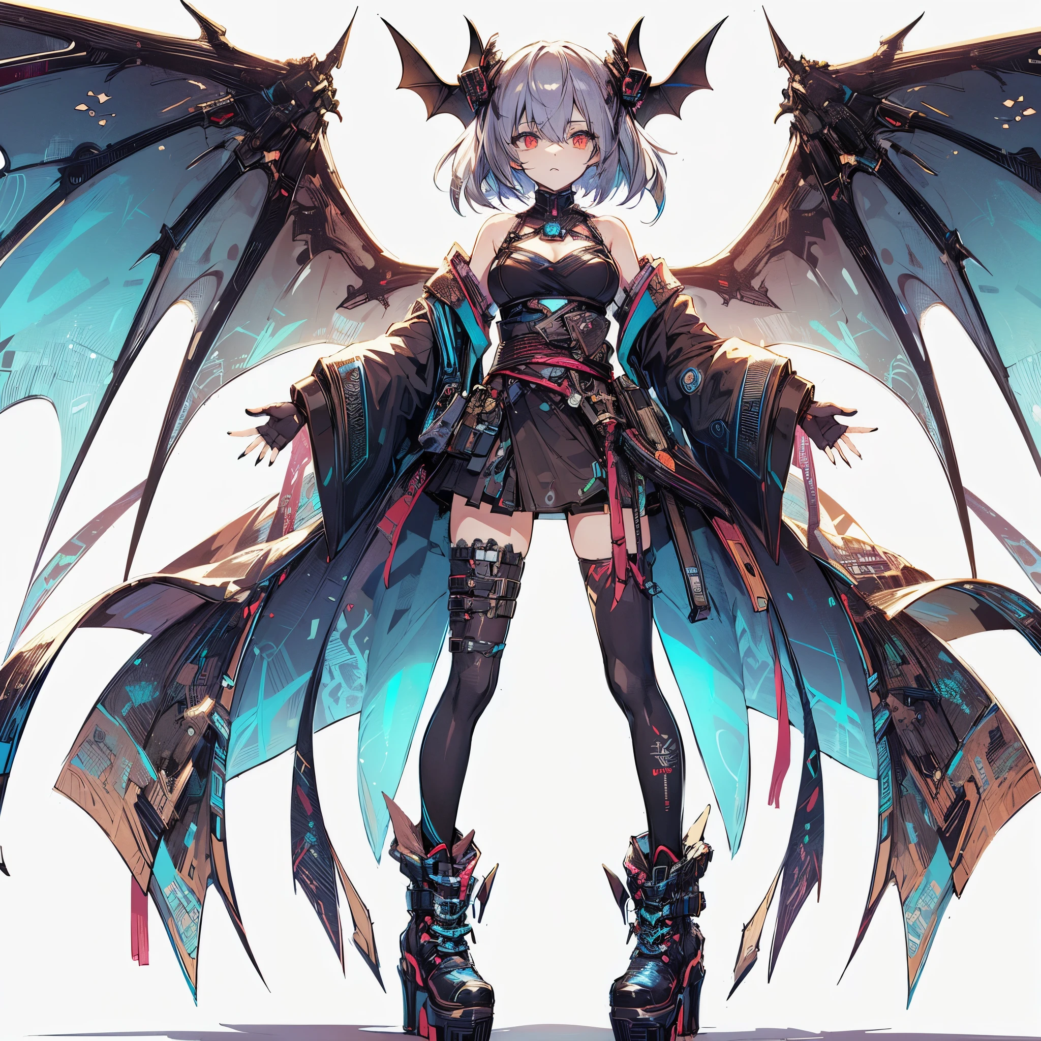 (masterpiece, Best Quality), (Perfect athlete body:1.2), (detailed hairs), Ultra-detailed, Anime style, Full body, Solo, Cyberpunk bat girl, in cyber kimono, large wings, bat ears, white hair and brown skin, raised boots, standing in the wasteland, high-heeled boots, 8k high resolution, white background, whole body,