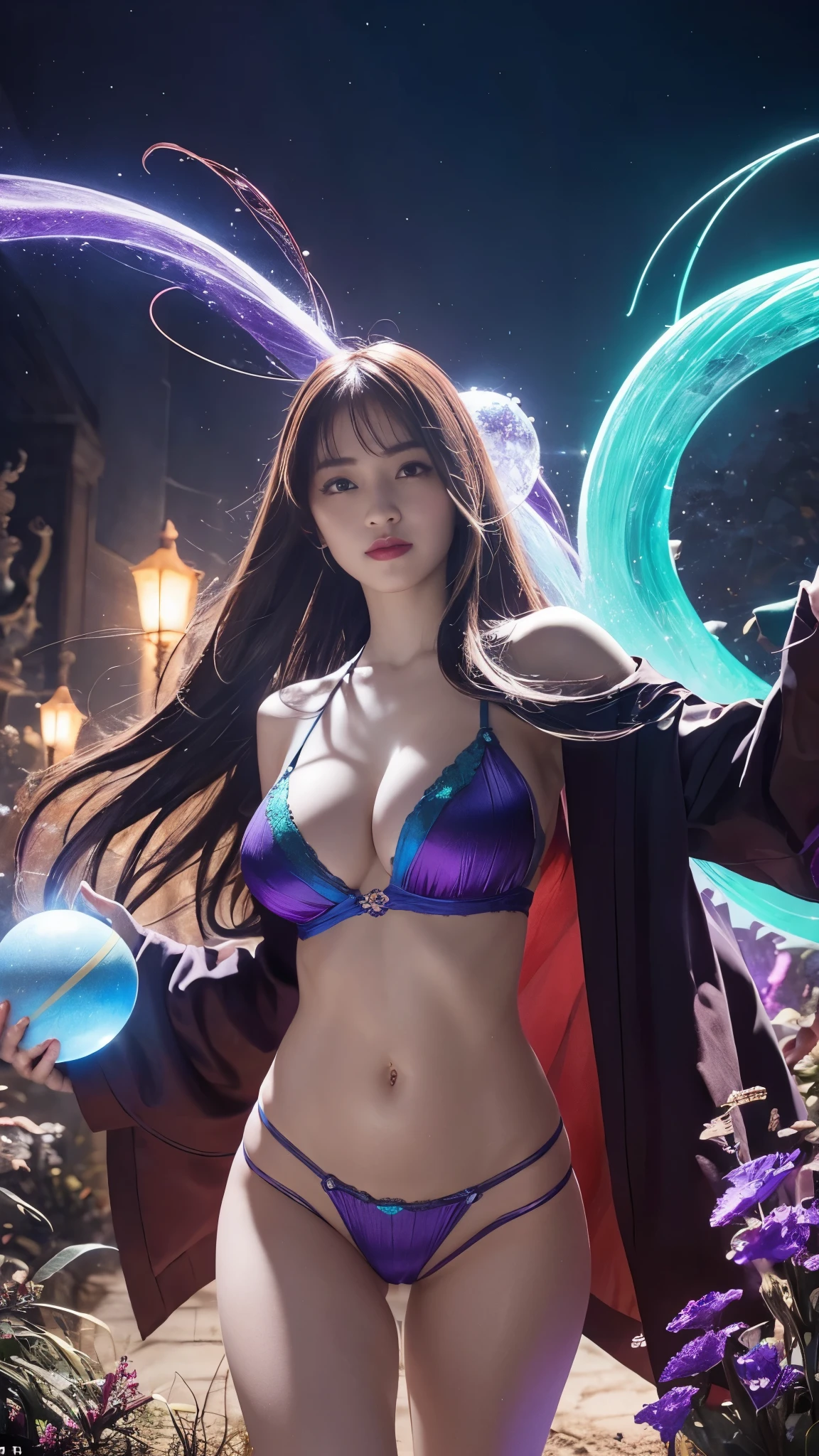 Masterpiece, best quality, 1girl, with long flowing iridescent hair in shades of purple, blue, and green, wearing a sleek crimson red string lingerie together with crotch-less G-string outfits, standing in a dramatic pose with one hand on her hip and the other holding a glowing, magical crystal ball. In the background, a swirling vortex of light and energy adds to the mysterious and enchanting atmosphere of the scene. glow hair, multicolor hair