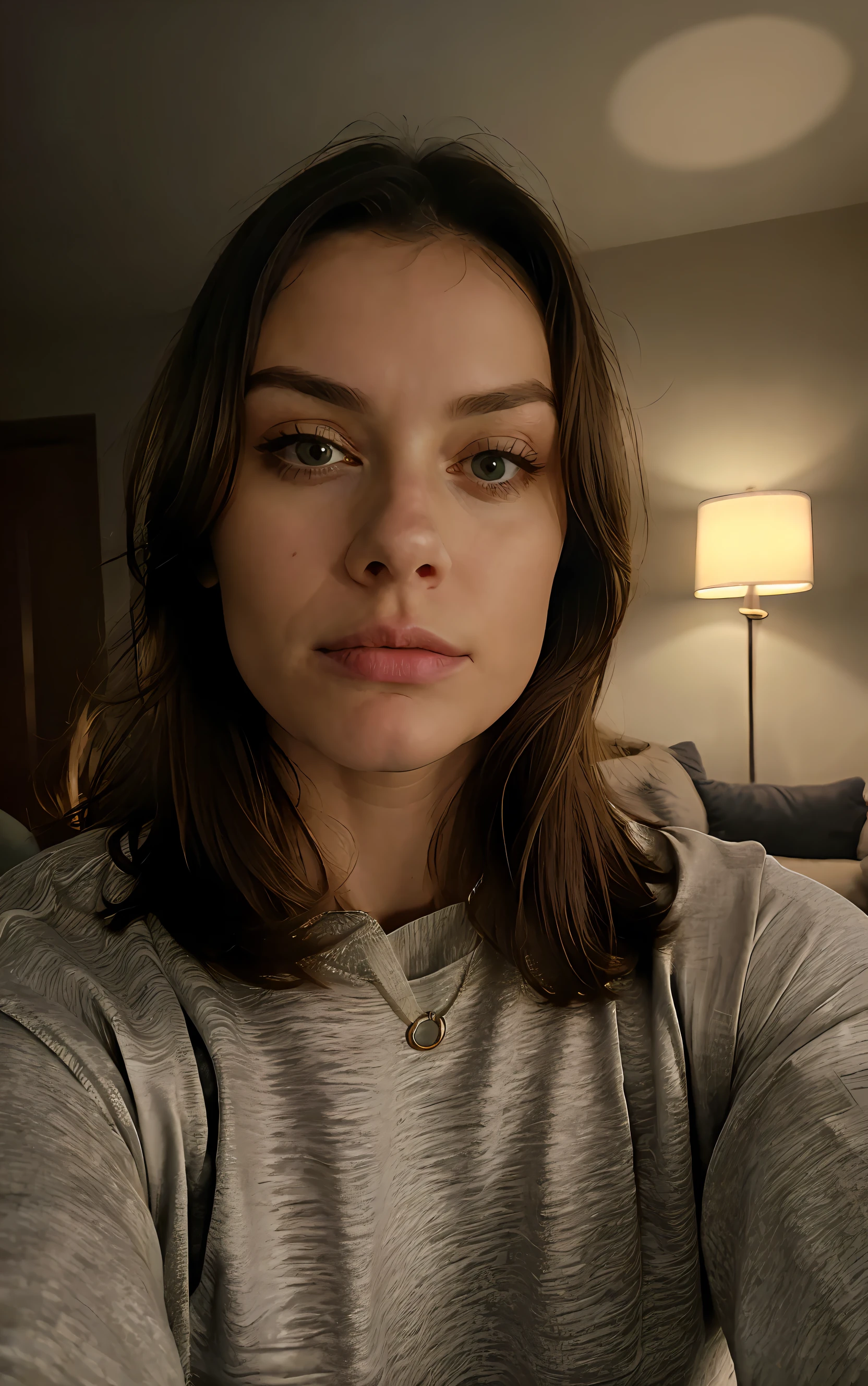 1 mulher ((tronco selfie, triste)), obra de arte, melhor qualidade, ultra-detalhado, Sozinho, Na sala de estar, (noite), (tom quente, tom quente: 1.2), fechar-se, cinematic light, side lighting, ultra high resolution, melhor sombra, Cru, tronco, wearing pullover